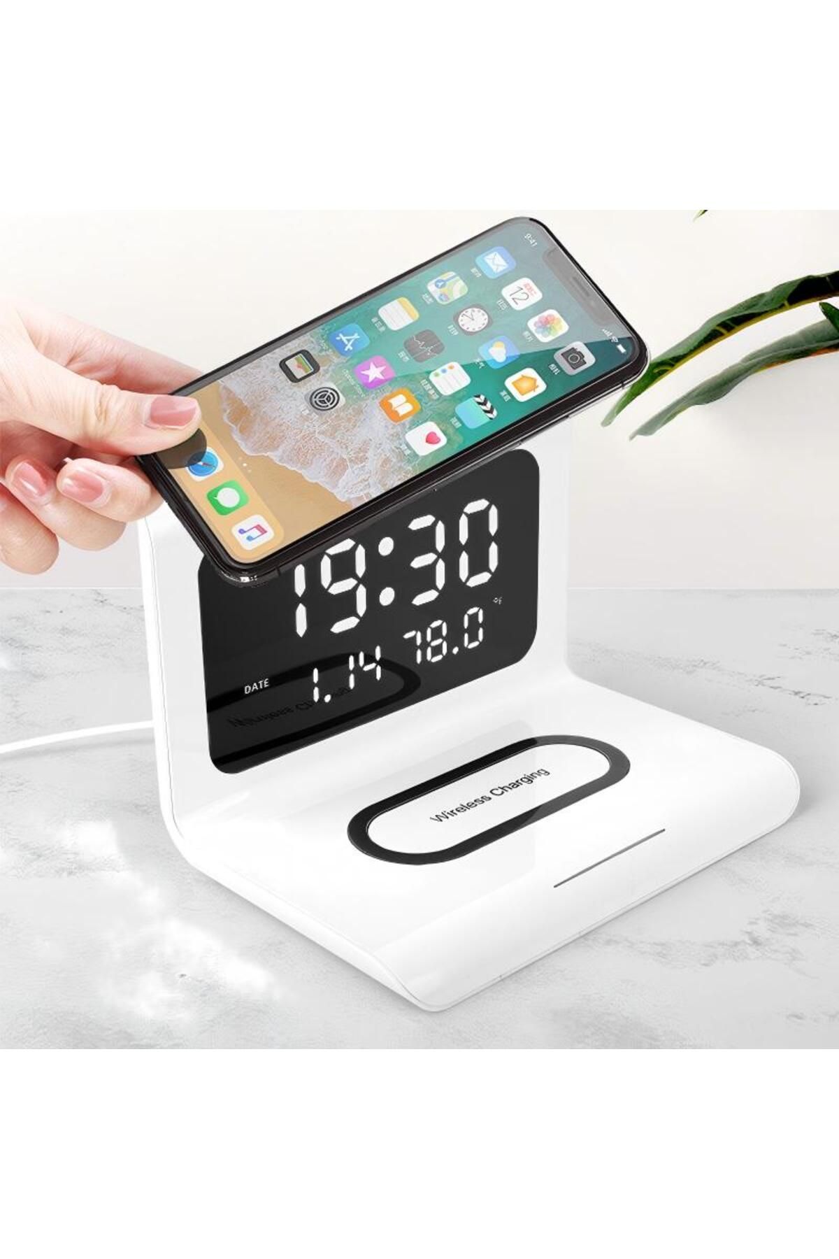 Generic-Digital Alarm Clock With Wireless Charging LED Time Temperature White 2