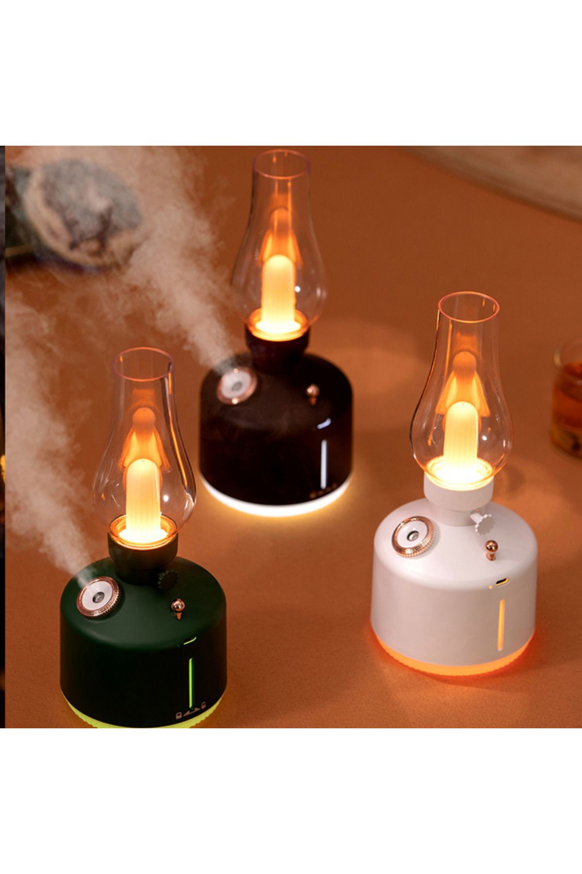 farissu Beyaz Retro Gaz Lambası Modelli LED Nemlendirici & Aroma Difüzör - USB Şarjlı, Ayarlanabilir Işık