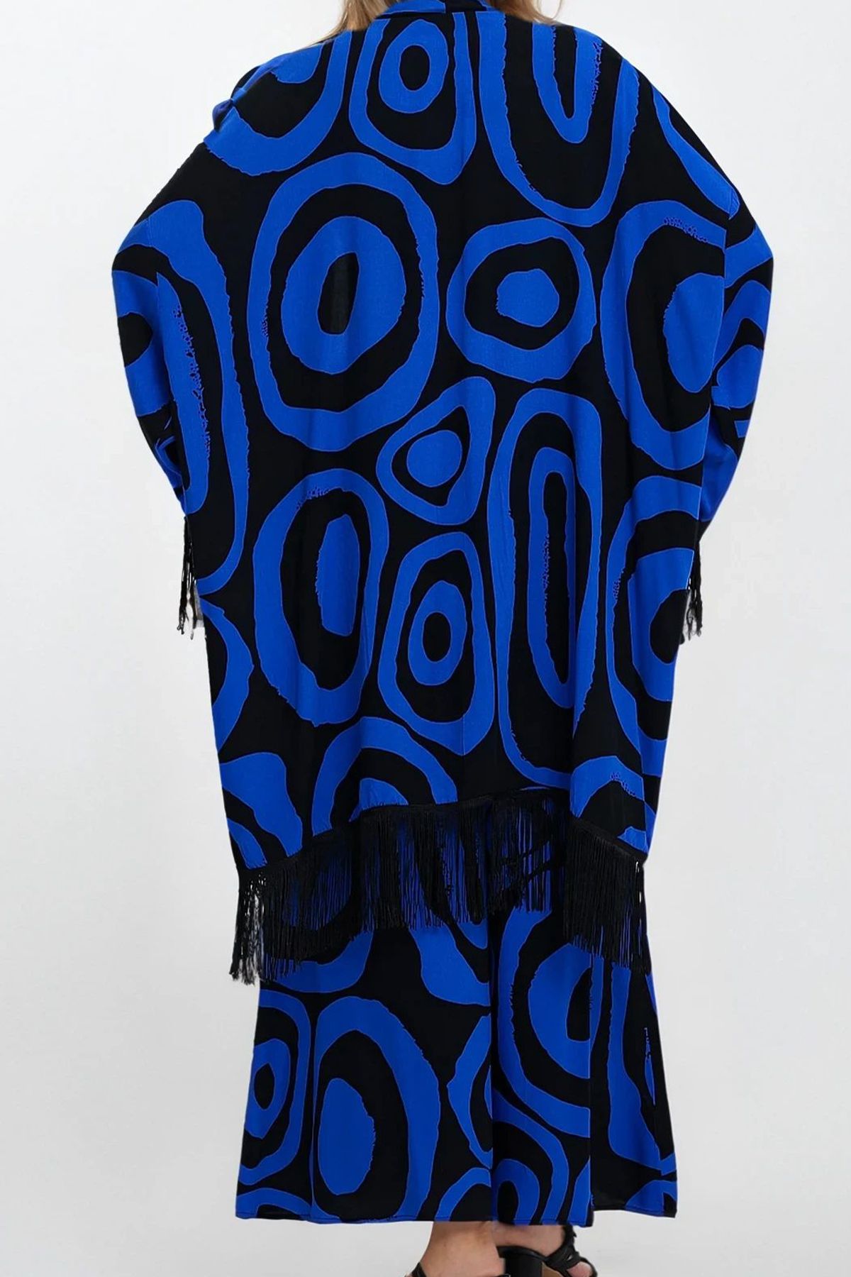 VAGGON-Women's Saks Tasseled Kimono with Elastic Waist and Double Pockets Plus Size Bottom Top Set Vs00351 3