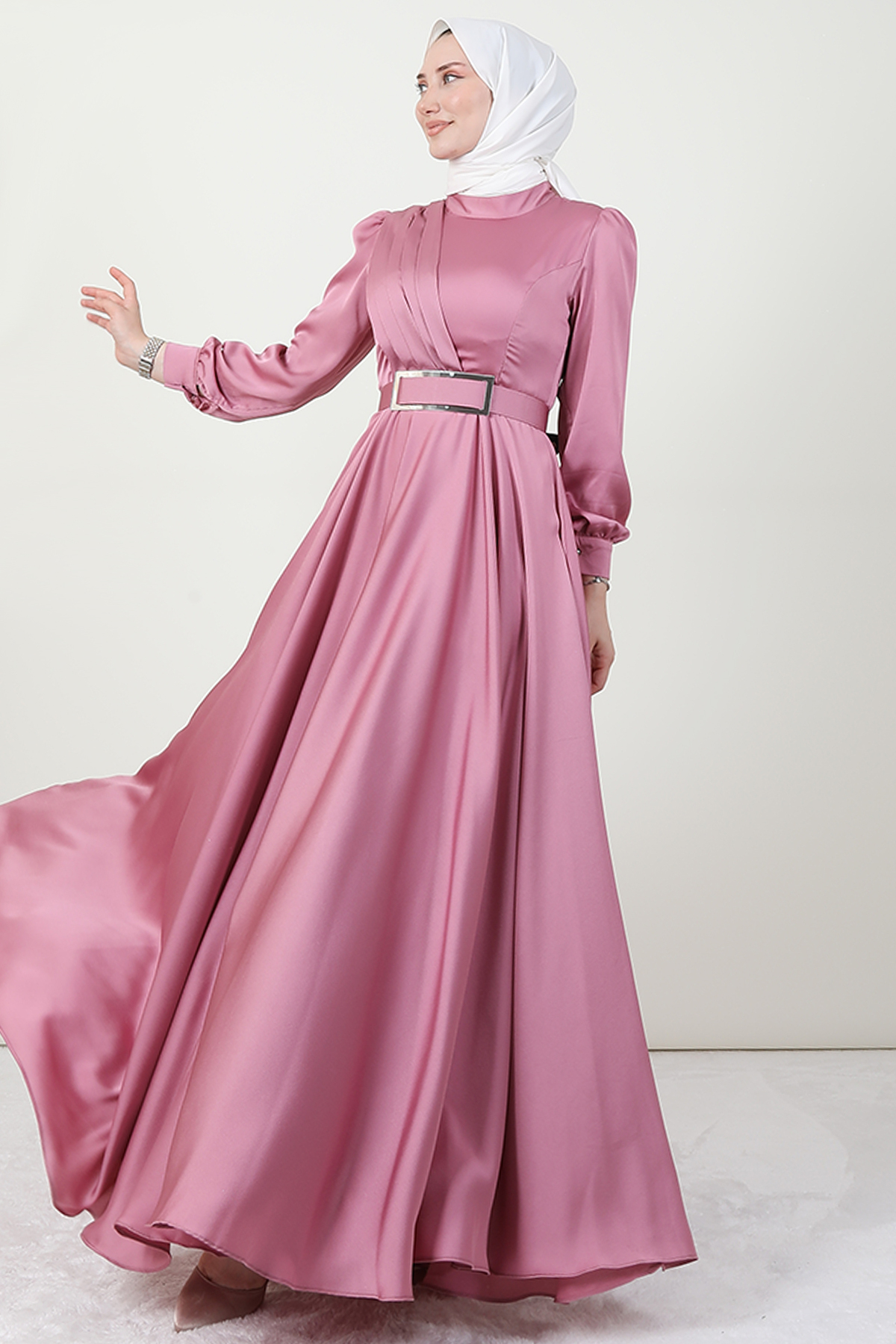 Pleated Front Modest Evening Dress Pink
