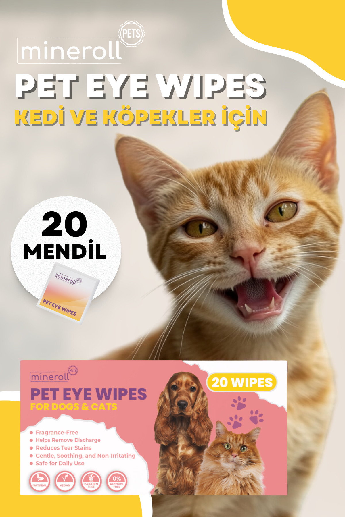 Mineroll Pets Kedi ve Köpek Göz Temizleme Mendili, Tek Kullanımlık, Gözyaşı Lekesi Temizleyici, Parfümsüz, 20 adet