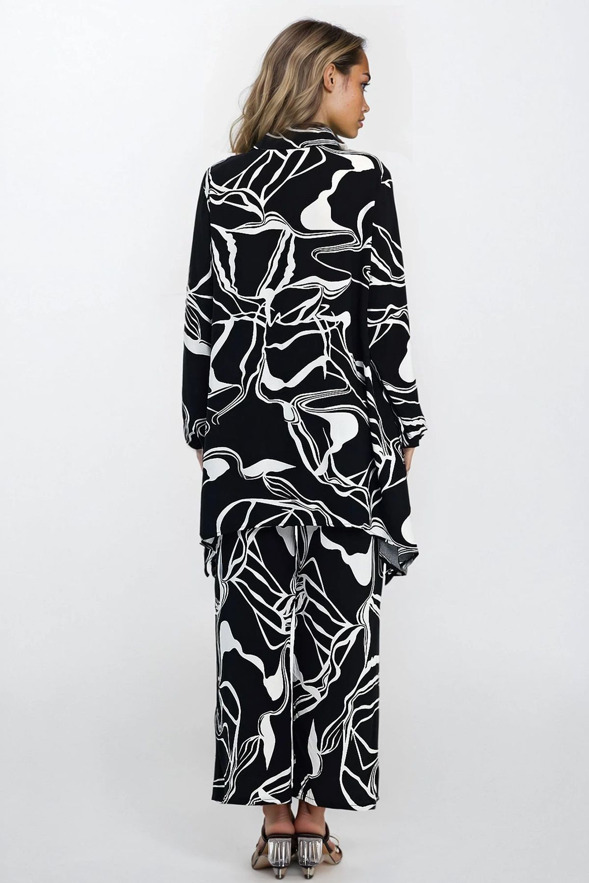 VAGGON-Shirt Collar Half Placket Tunic and Elastic Waist Pants Plus Size Bottom Top Set 4