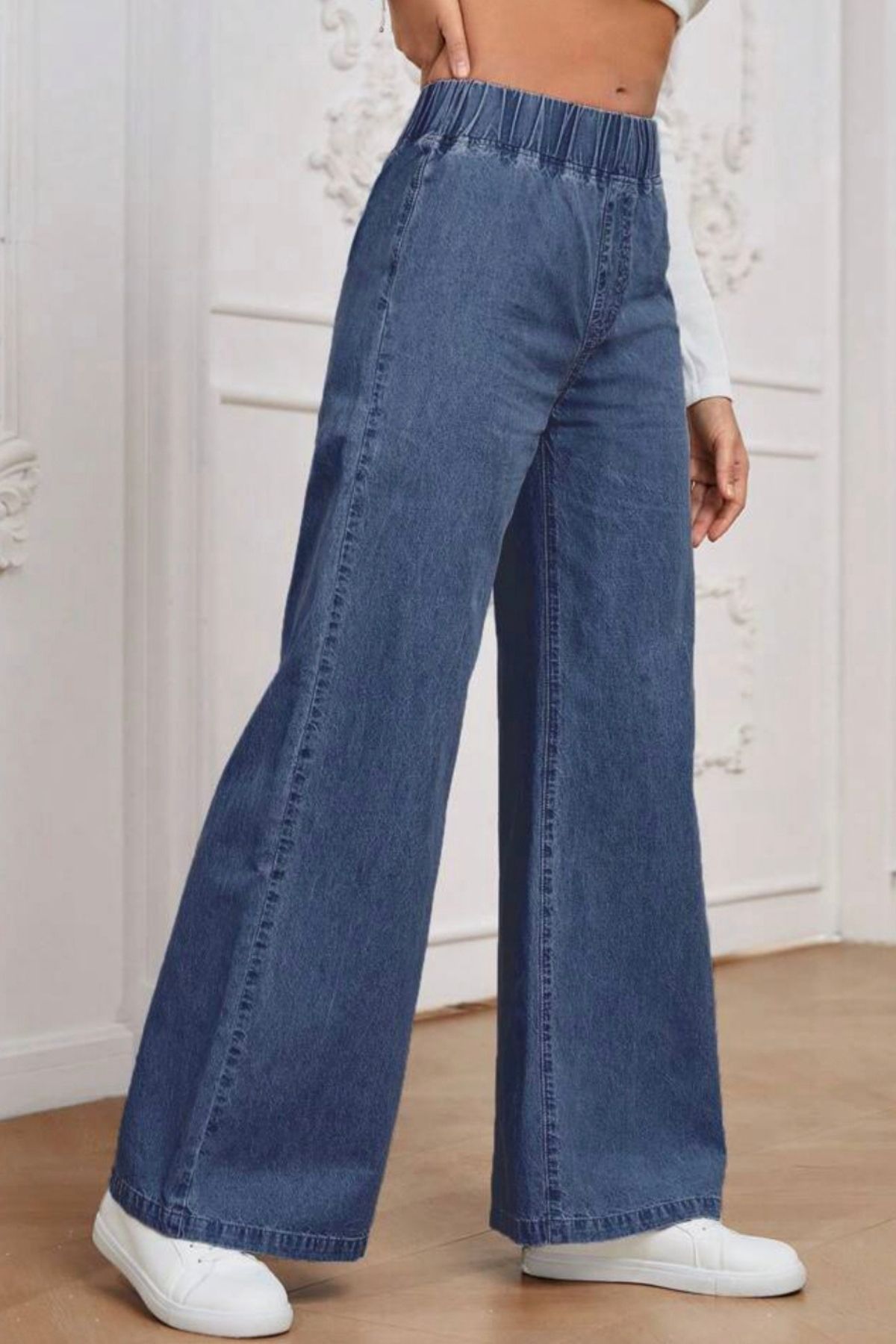CEDY DENIM - Kadın Yazlık İnce Kumaş Cepsiz Bel Lastikli Palazzo Pantolon C630-Mavi