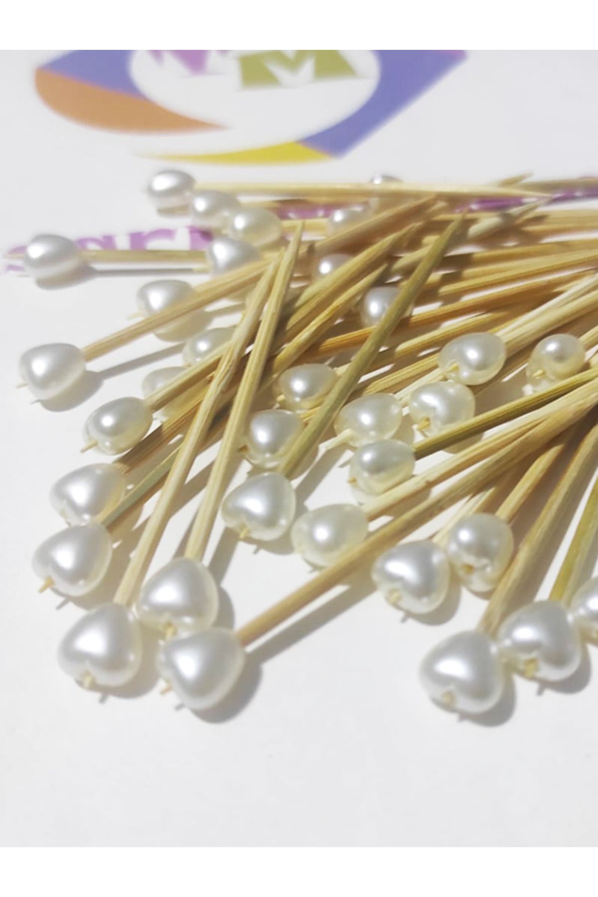 tm tasarı mağazası 200 Adet Dekoratif Küçük Kalp Incili Pasta Kürdanı 6,5 Cm - Nişan Söz Kalp Incili Kürdan - Kalp 8 Mm