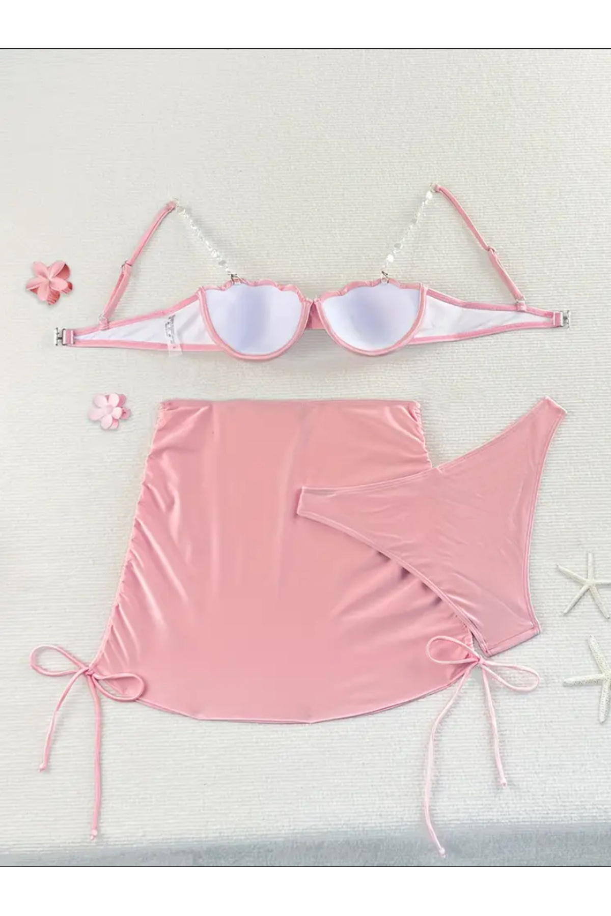 Phellos-Phellosco Pink Seashell Patterned Bikini with Pearl Strap and Skirt Set 4