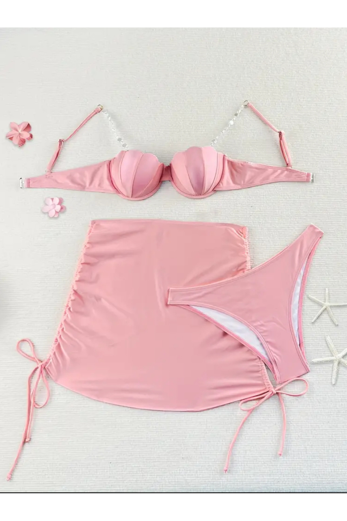 Phellos-Phellosco Pink Seashell Patterned Bikini with Pearl Strap and Skirt Set 3