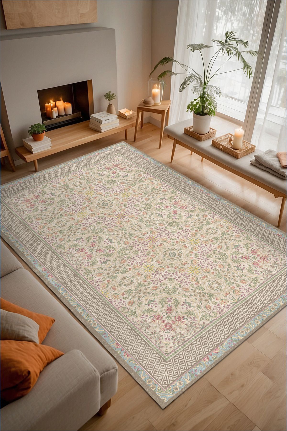 AIDA HOME Nesar Floral Desenli Pamuk Tabanlı Yıkanabilen Kaydırmaz Antibakteriyel Şönil Salon Halısı