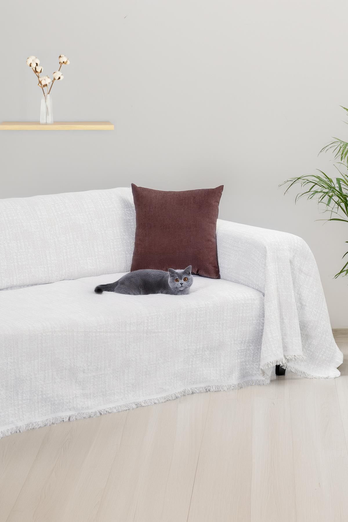 Latuda Home PureCot Premium Pamuklu Püsküllü Koltuk Örtüsü 180x300 Large Çift Taraflı Terletmez Kaymaz , Gri