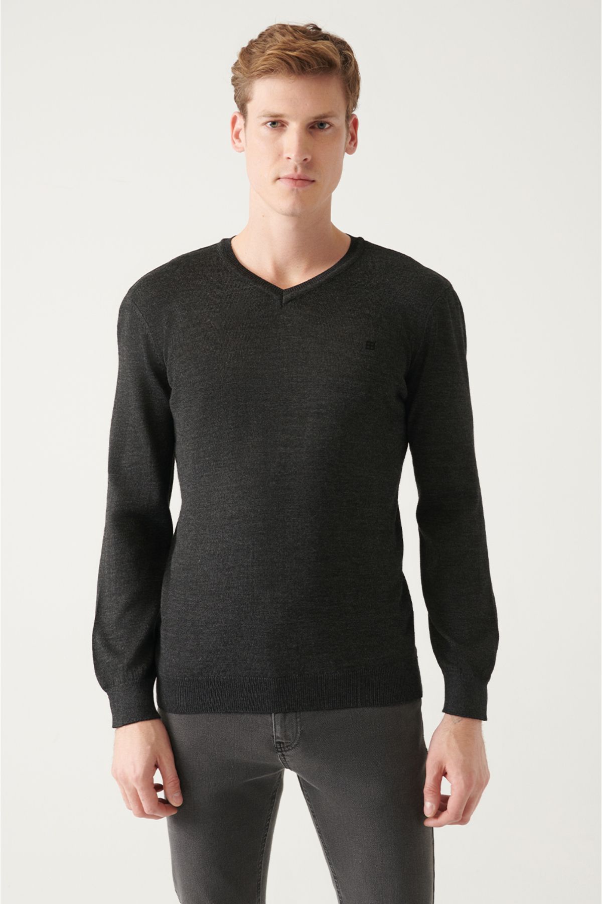 Avva-Men's Anthracite V-Neck Wool Blended Knitwear Sweater E 005016 1