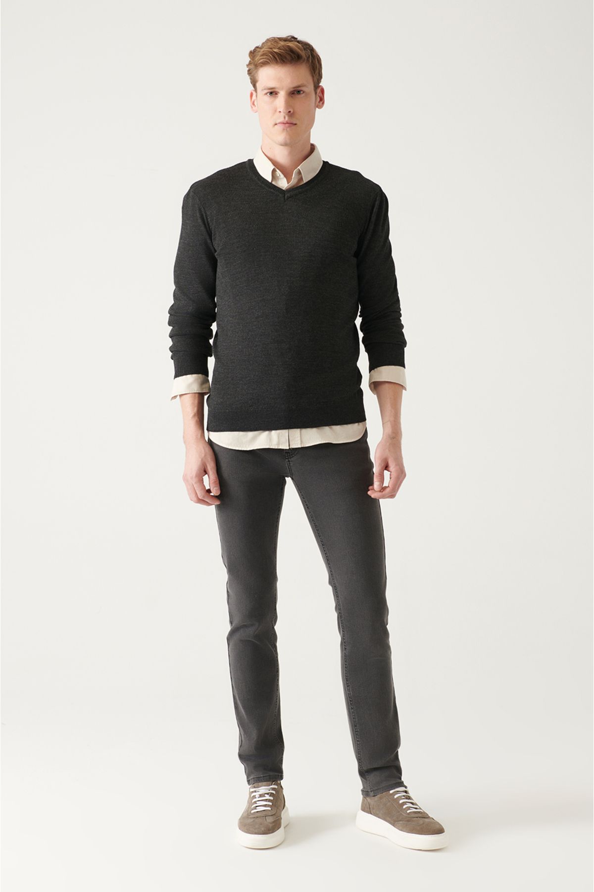 Avva-Men's Anthracite V-Neck Wool Blended Knitwear Sweater E 005016 5
