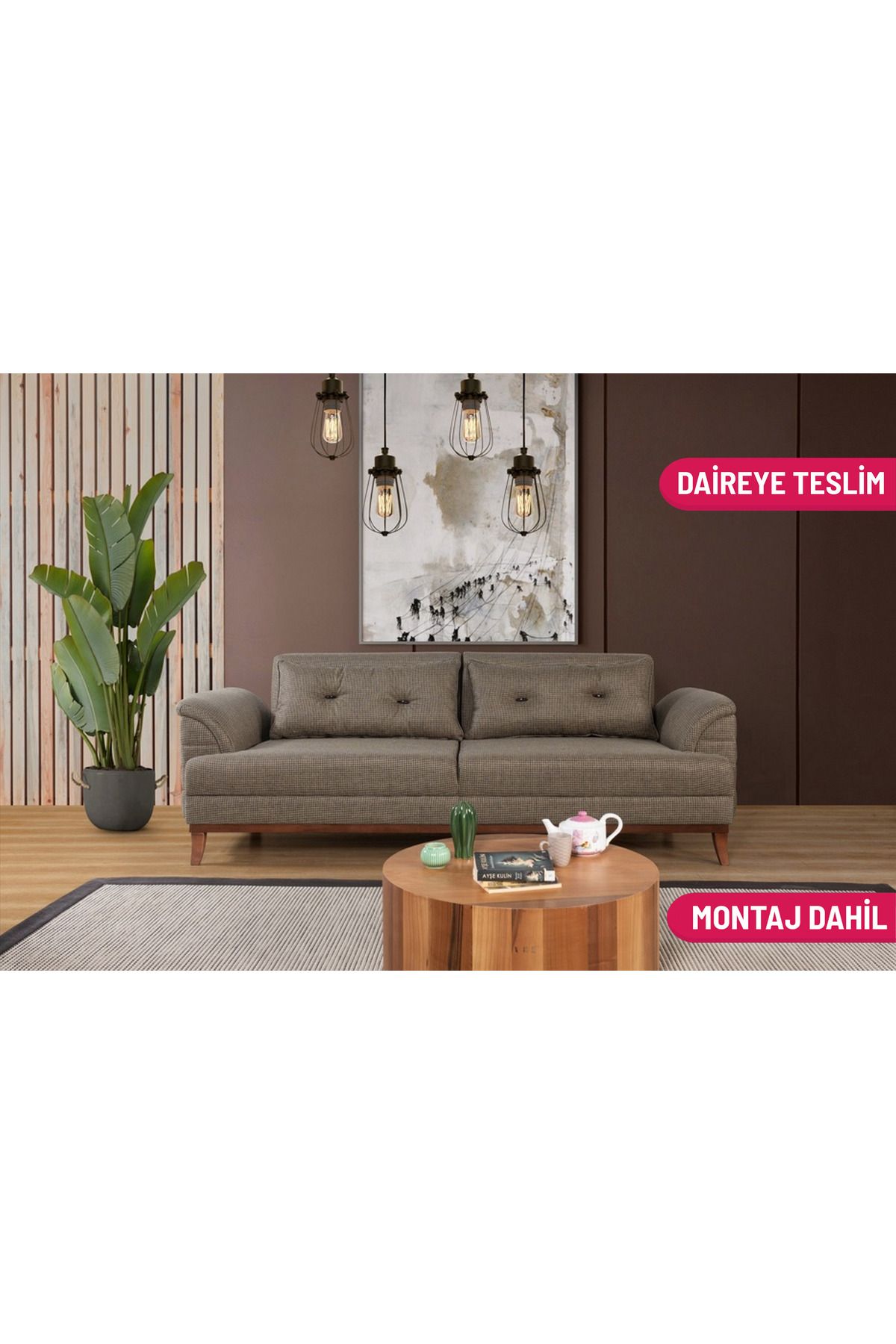 Elance Home Setera Üçlü Yataklı Kanepe Koyu Kahve Kazayağı