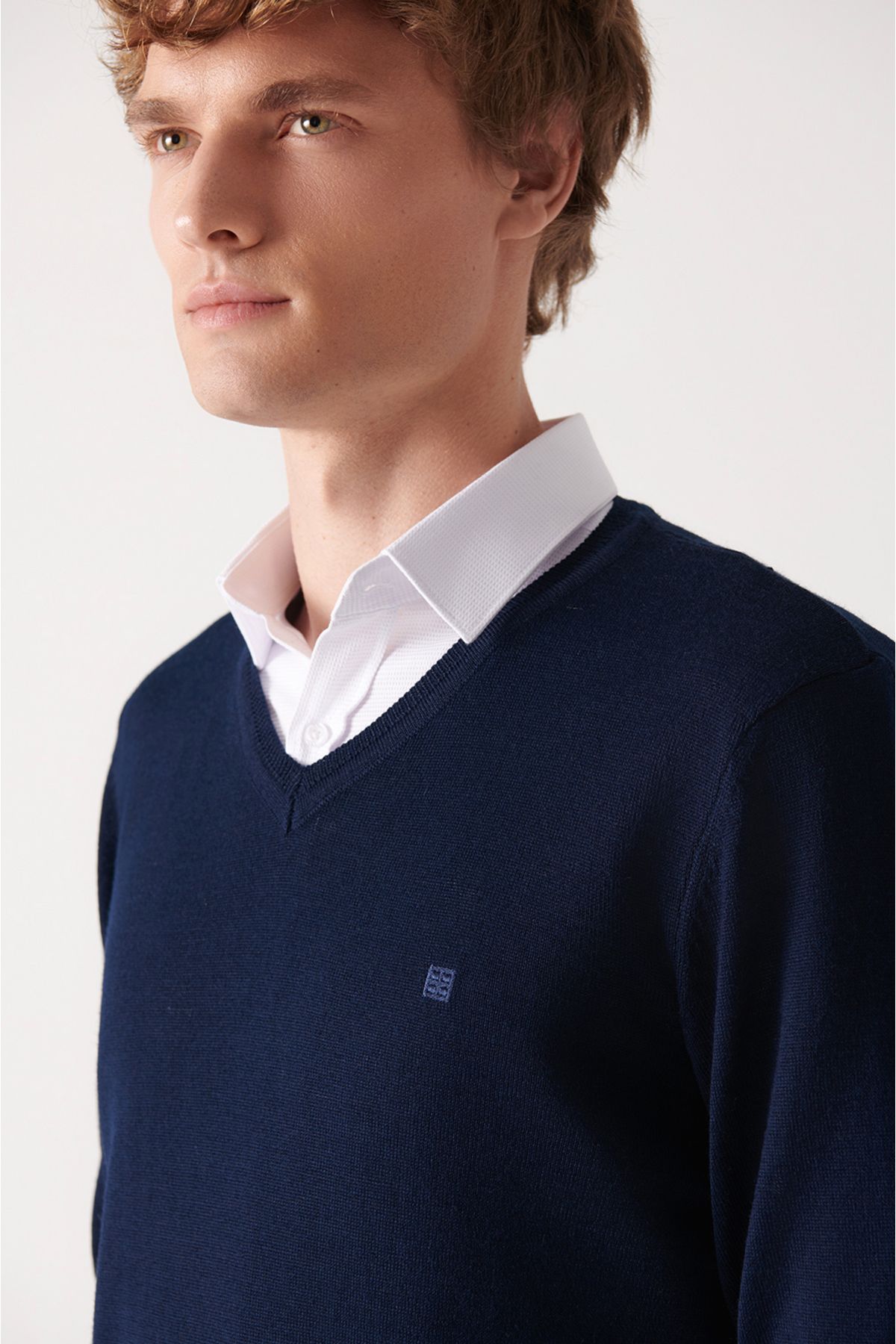 Avva-Men's Navy Blue V-Neck Wool Blended Knitwear Sweater E 005016 2