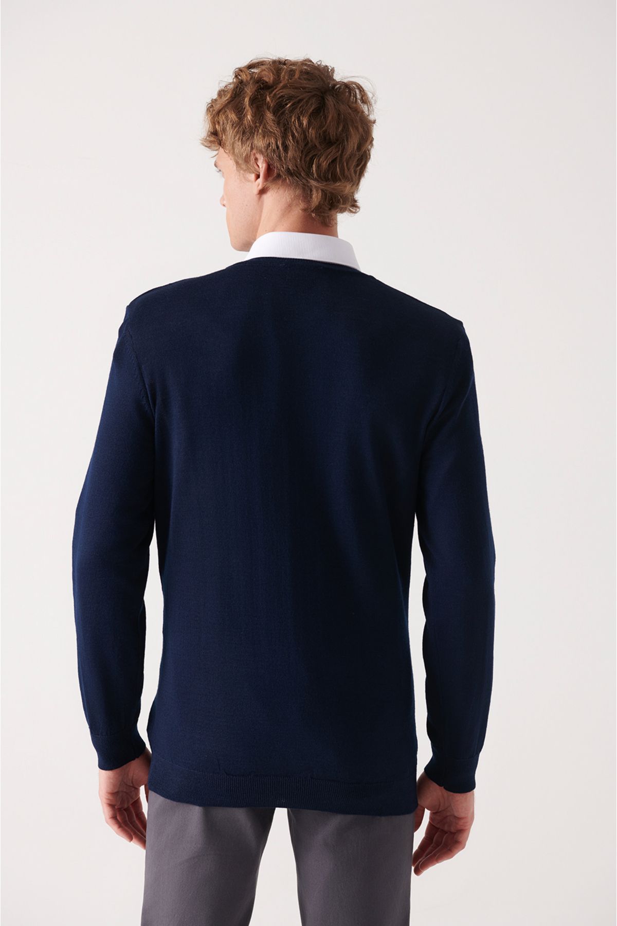 Avva-Men's Navy Blue V-Neck Wool Blended Knitwear Sweater E 005016 3