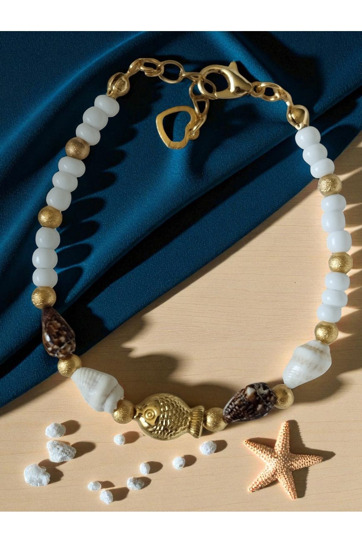 Amabel Jewelerys Balık ve Midye Kabuk Detaylı Kum Boncuk Yaz Tatili Kadın Bileklik