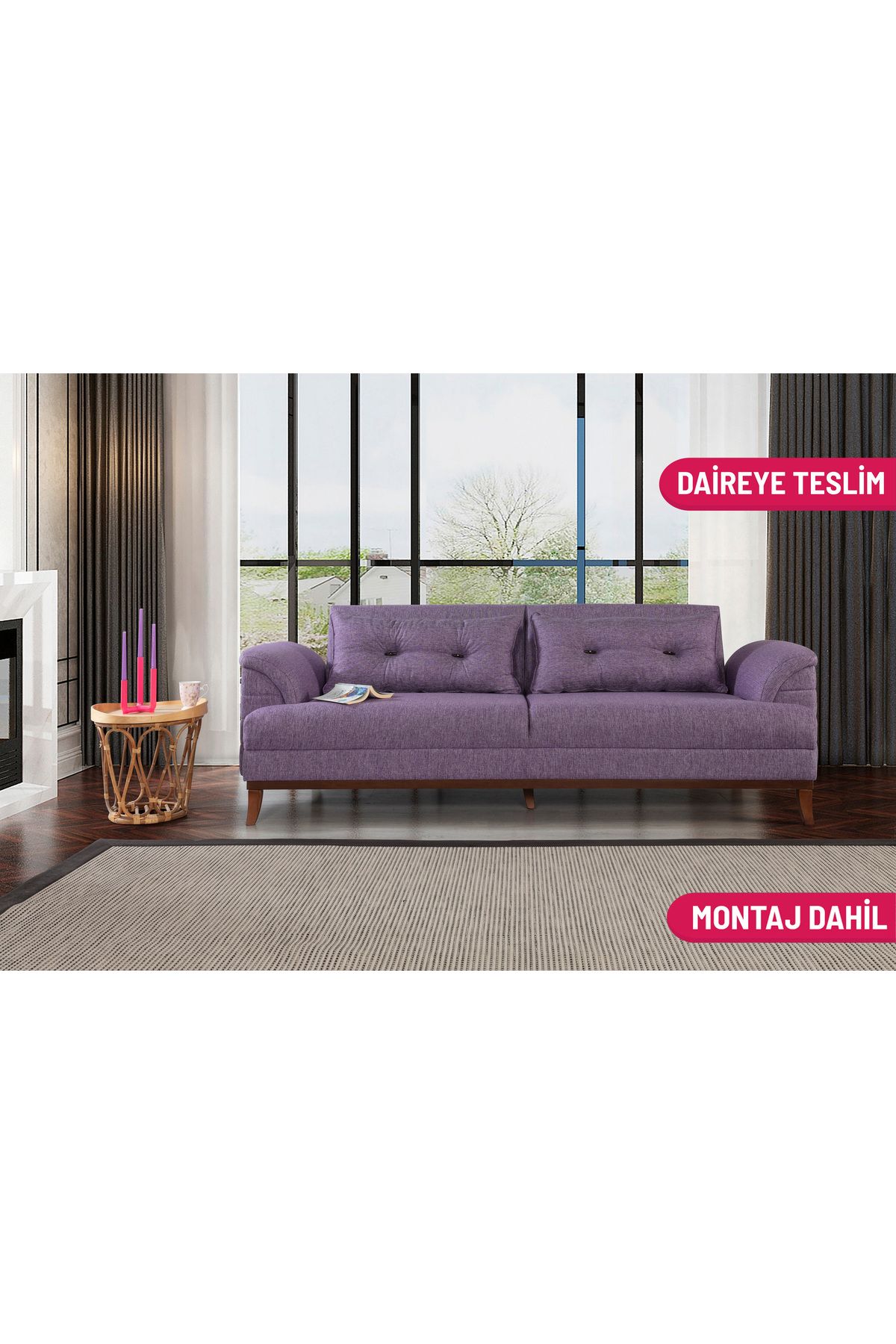 Elance Home Setera Üçlü Yataklı Kanepe Keten Mürdüm