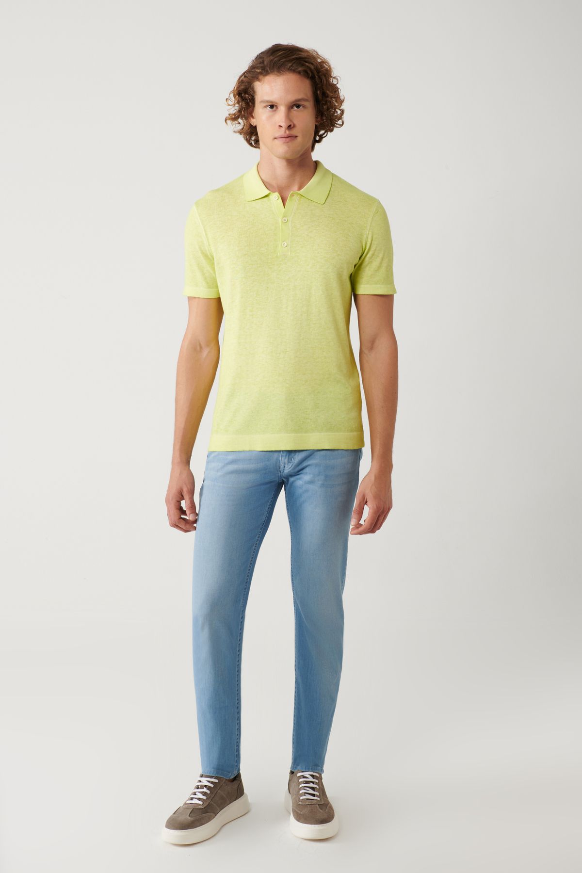 Avva-Ανδρικό πλεκτό μπλουζάκι Polo Neck - Neon Green, 3 κουμπιά, Garment Dyed A41y5067 5