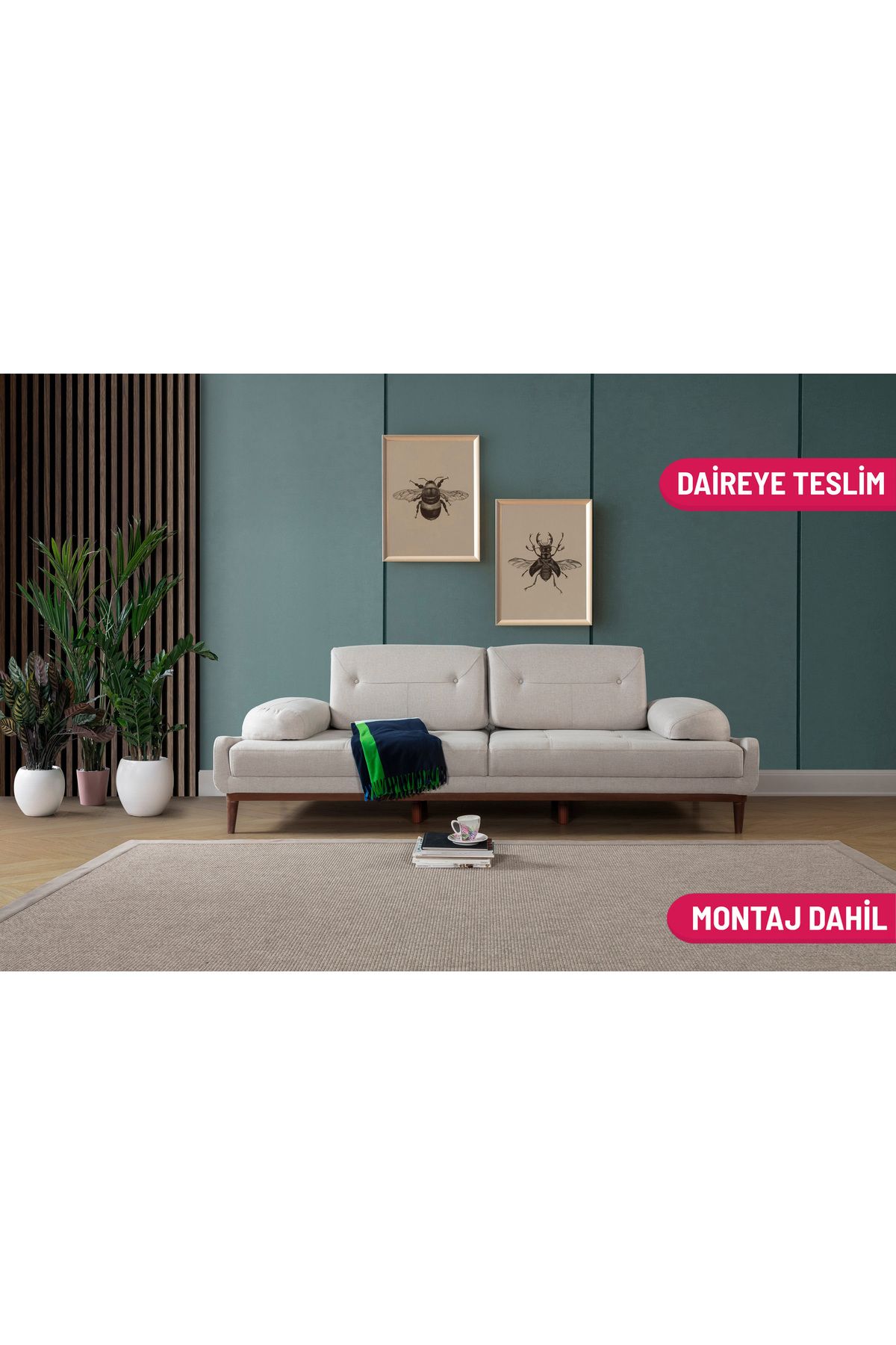 Elance Home MANDEL ÜÇLÜ KOLTUK KETEN KREM