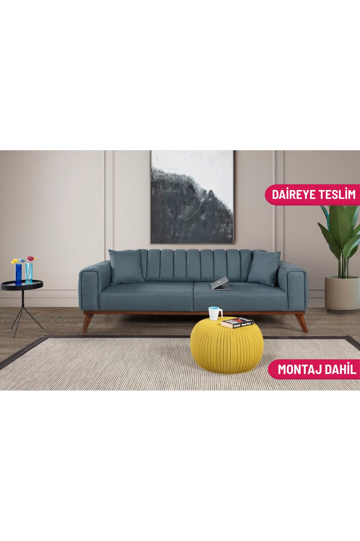 Elance Home LAVER YATAKLI KANEPE KETEN MAVİ KAZAYAĞI