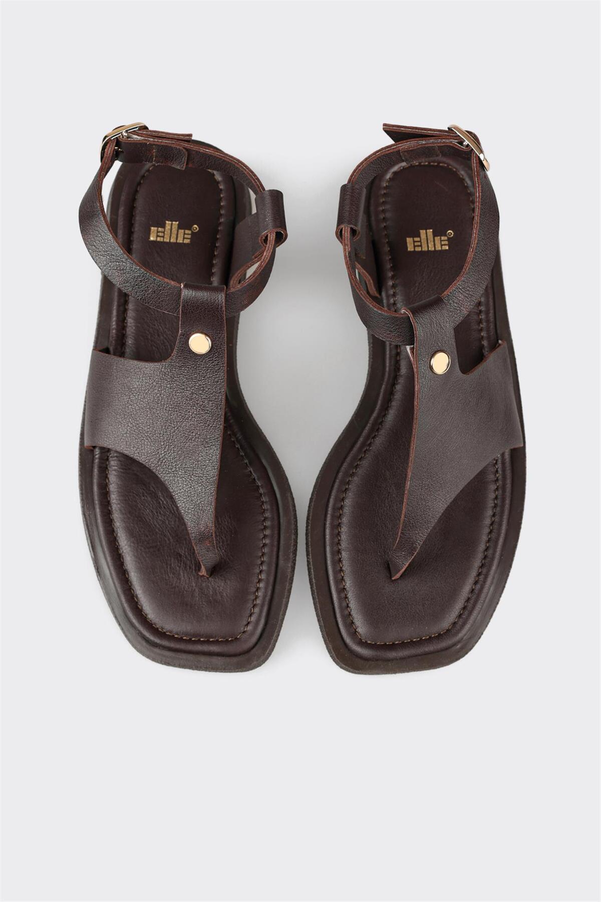 Elle  Kahve Deri Kadın Parmak Arası Sandalet - Görsel 4