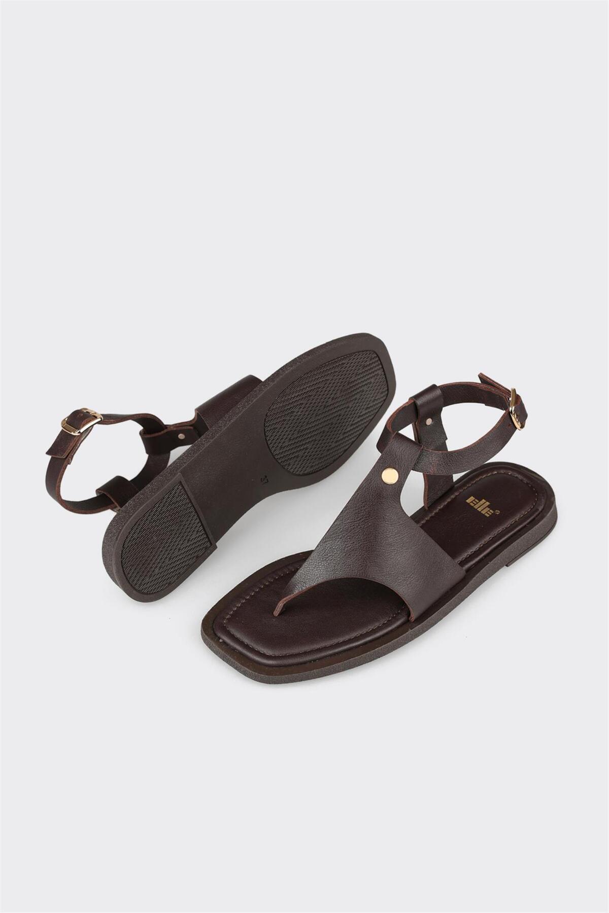 Elle  Kahve Deri Kadın Parmak Arası Sandalet - Görsel 3