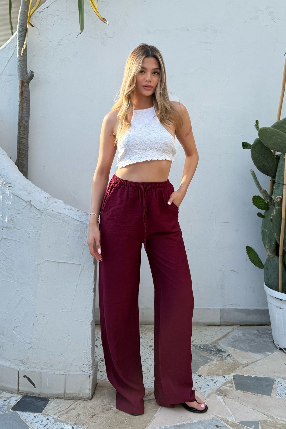 la & vetta  Bordo Keten Karışımlı Bol Kesim Pantolon - Görsel 3