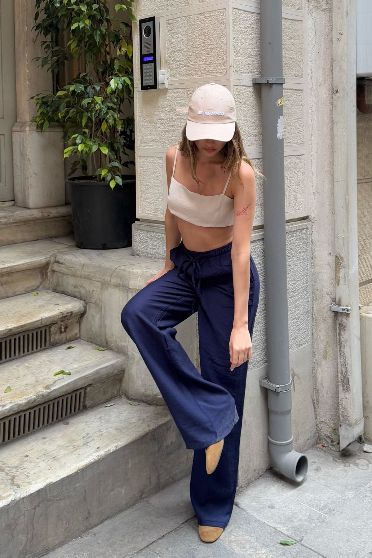 la & vetta  Lacivert Keten Karışımlı Bol Kesim Pantolon - Görsel 5