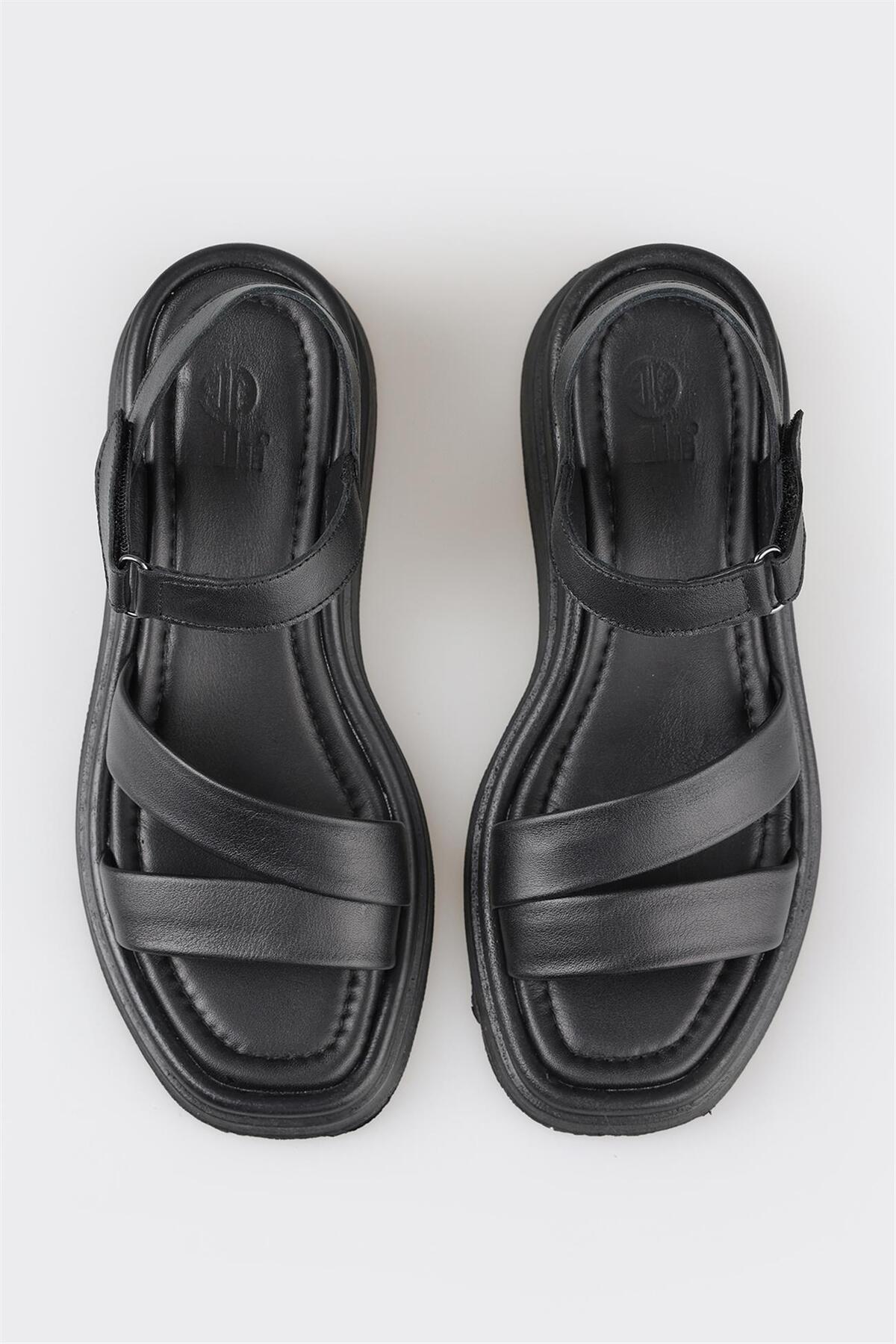Elle  Siyah Deri Kadın Dolgu Topuk Sandalet - Görsel 4