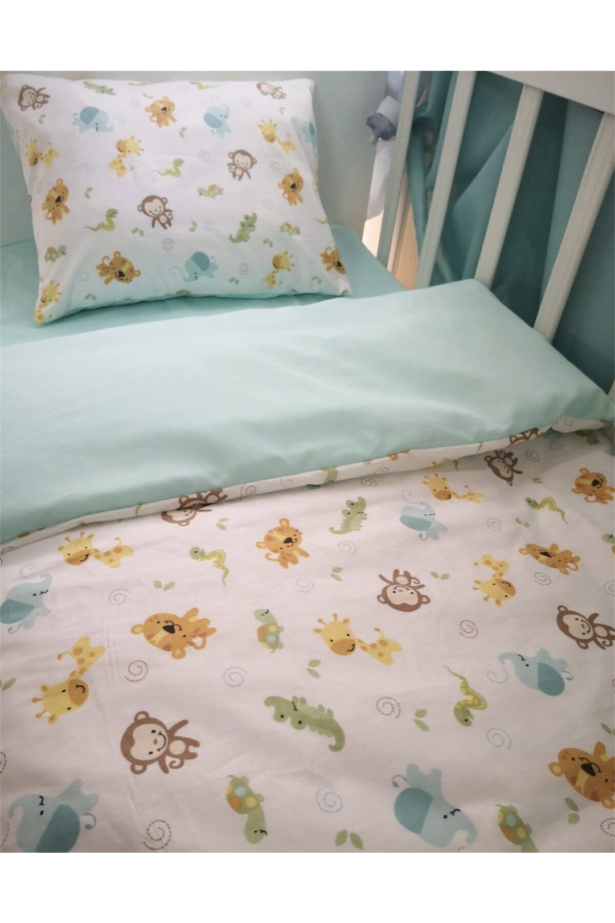 Bebek Özel Pamuklu Çocuk 90x190 Montessori Için Yastık Çarşaf Yorgan Uyku Seti Sevimli Hayvan Mint Yeşili fotoğrafı 2 (önizleme)