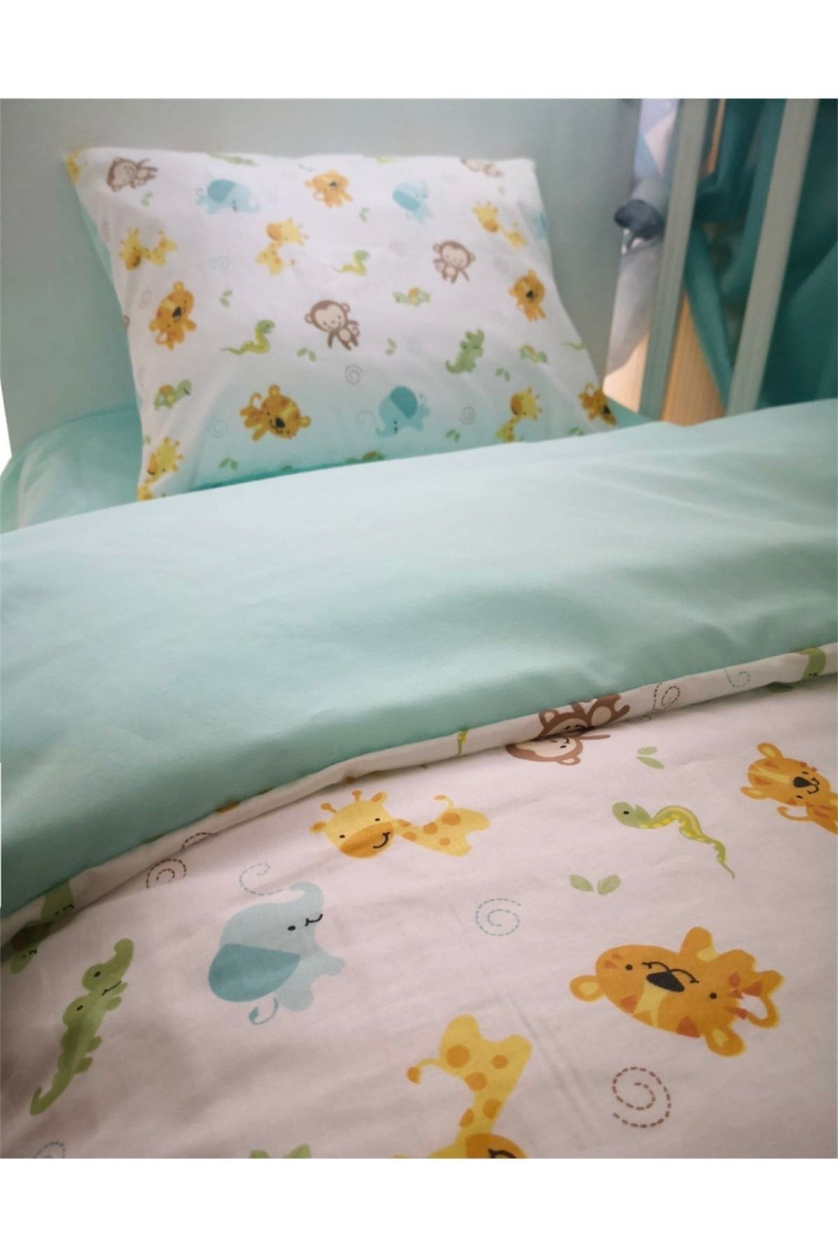 Bebek Özel Pamuklu Bebek Çocuk Yastık Çarşaf Yorgan Seti 70x110 Beşik Için , Sevimli Hayvanlar Mint Yeşili fotoğrafı 4 (önizleme)