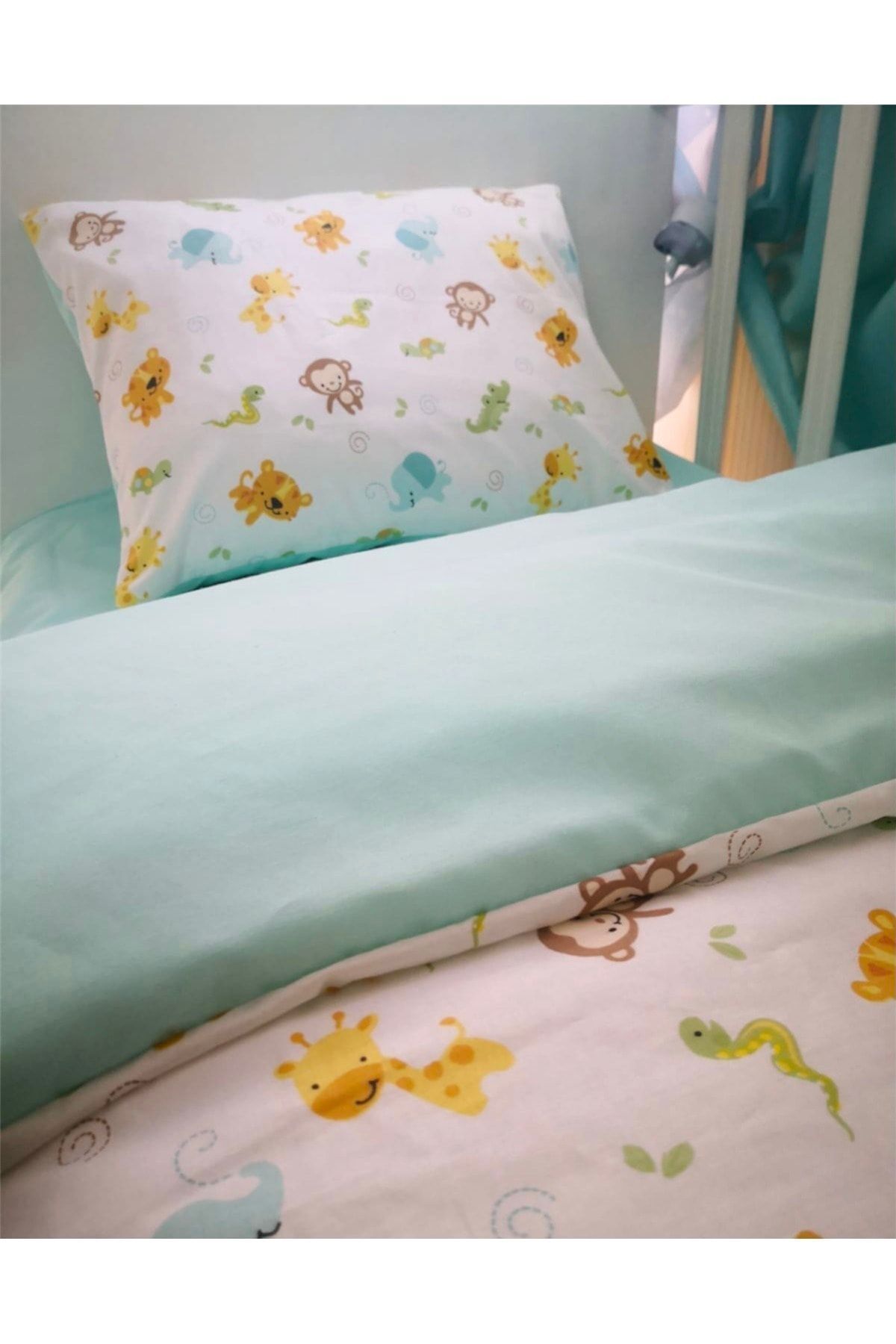 Bebek Özel Pamuklu Bebek Çocuk Yastık Çarşaf Yorgan Seti 70x110 Beşik Için , Sevimli Hayvanlar Mint Yeşili fotoğrafı 3 (önizleme)