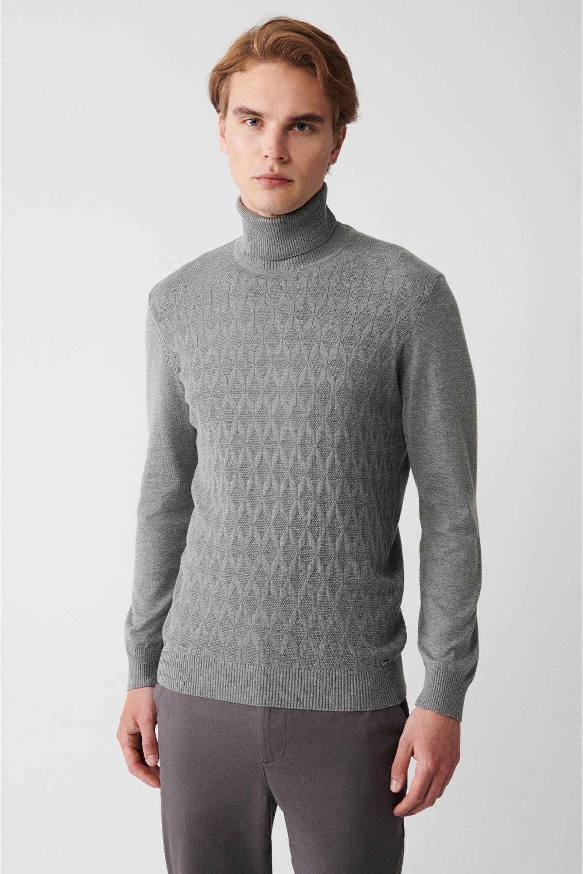Avva-Grauer Herren-Strickpullover mit Rollkragenpullover aus Baumwolle mit Muster A32y5198 6