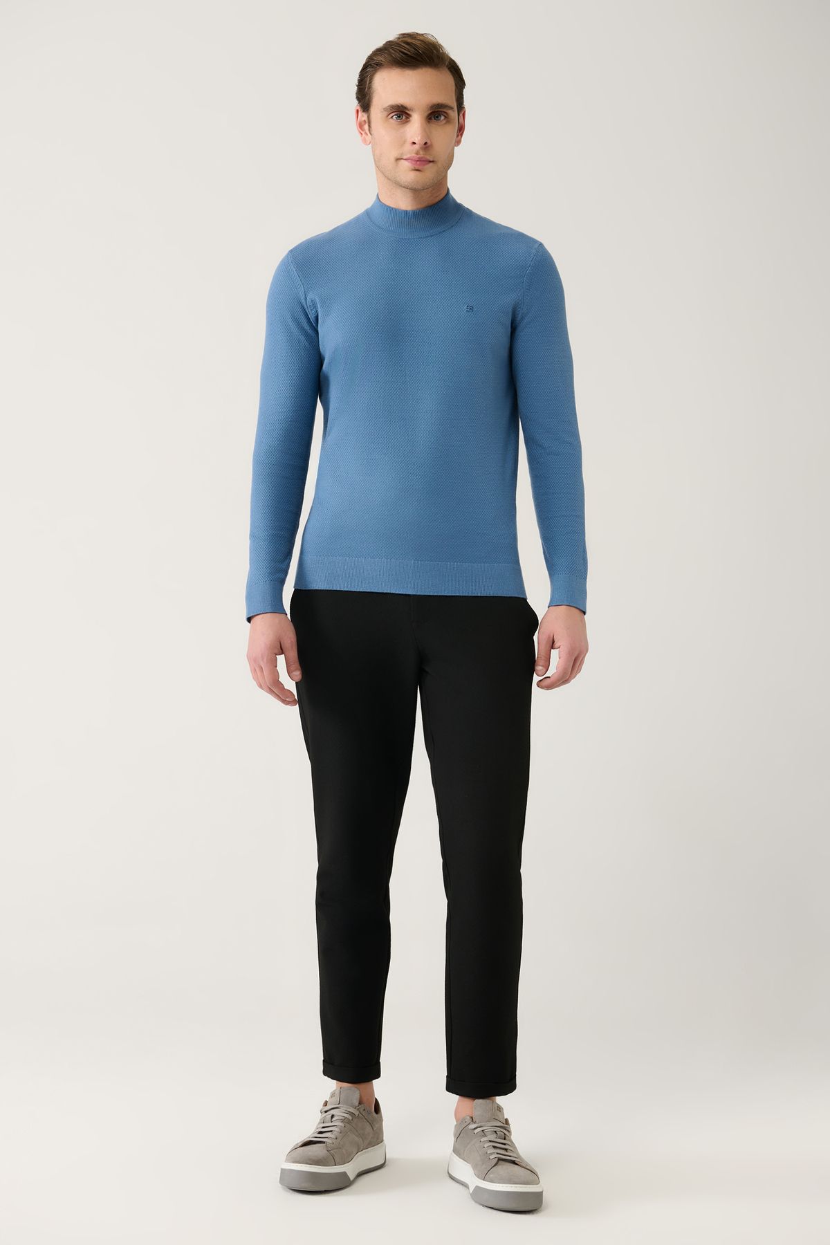Avva-Blauer Strickpullover mit halbem Rollkragenpullover und strukturiertem Kragen für Herren A32y5166 5
