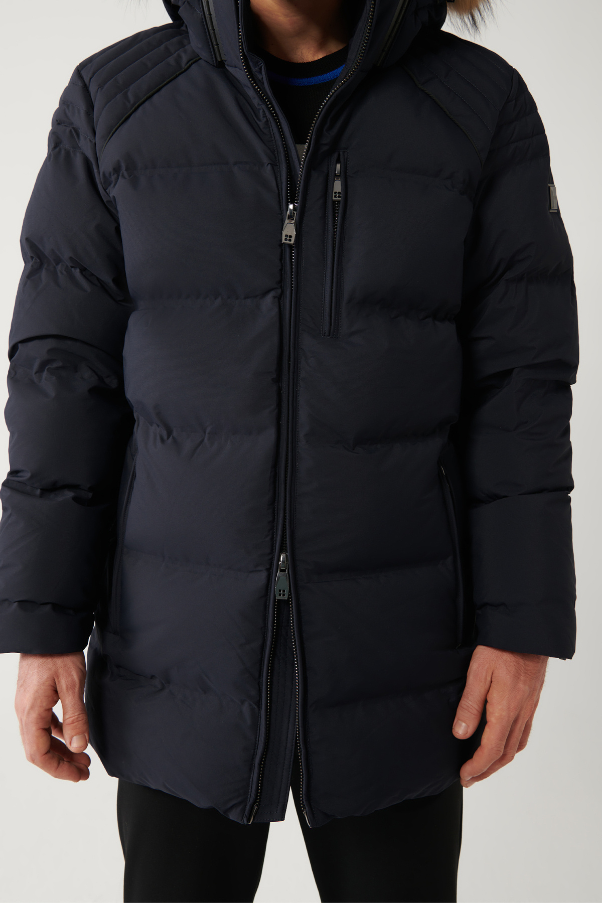Avva-Marineblaue Pufferjacke für Herren, Gänsefedern, wasserabweisend und winddicht, Kapuze und Pelzkragen, bequem 6