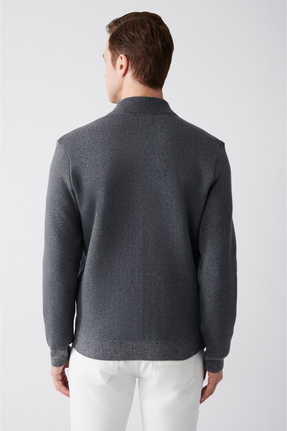 Avva-Men's Anthracite Bomber Collar Zippered Cardigan A31Y6060 4