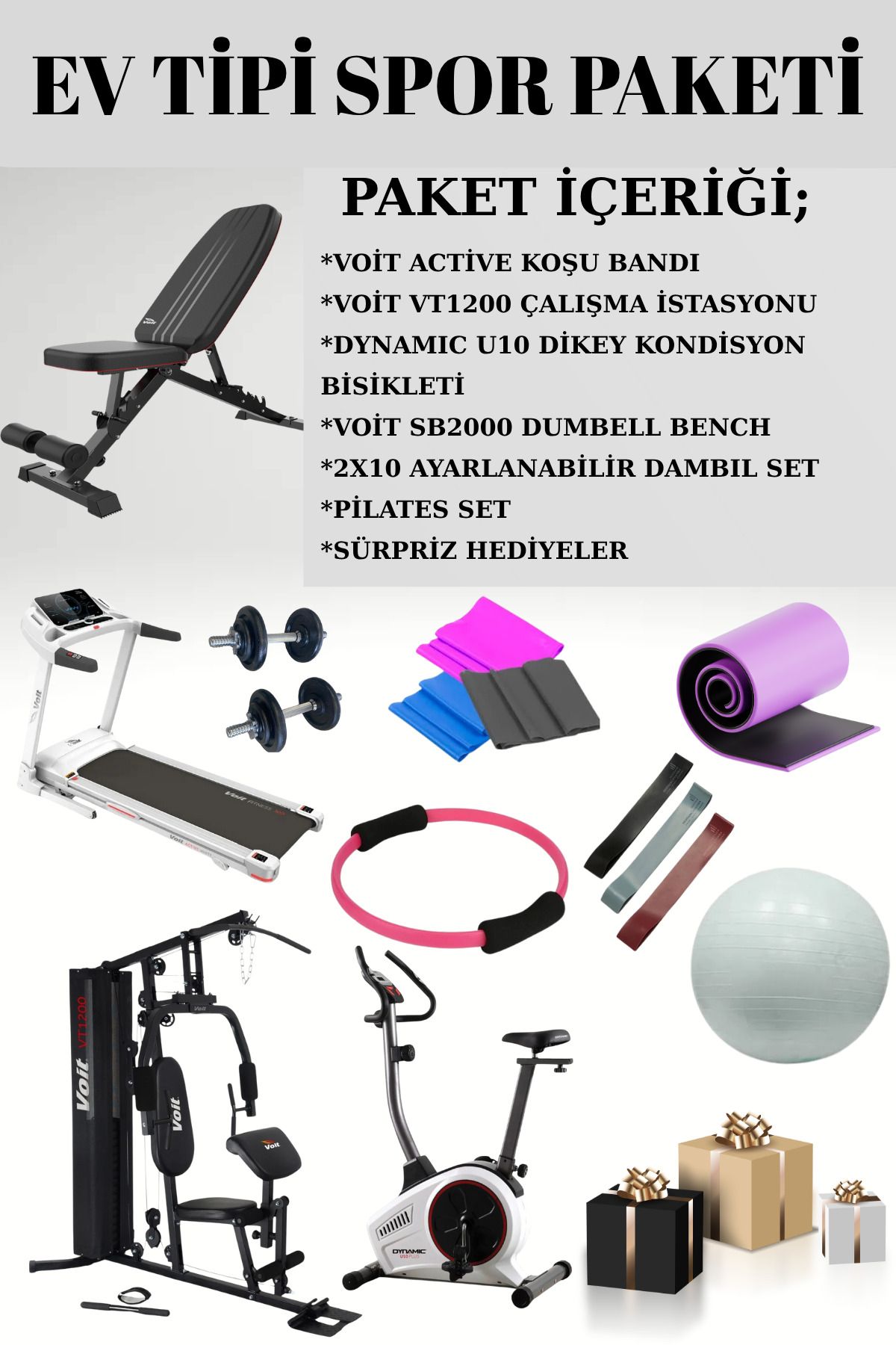 Voit Ev Tipi Spor Paketi Koşu Bandı-çalışma Istasyonu-kondisyon Bisikleti-dambıl-pilates Set