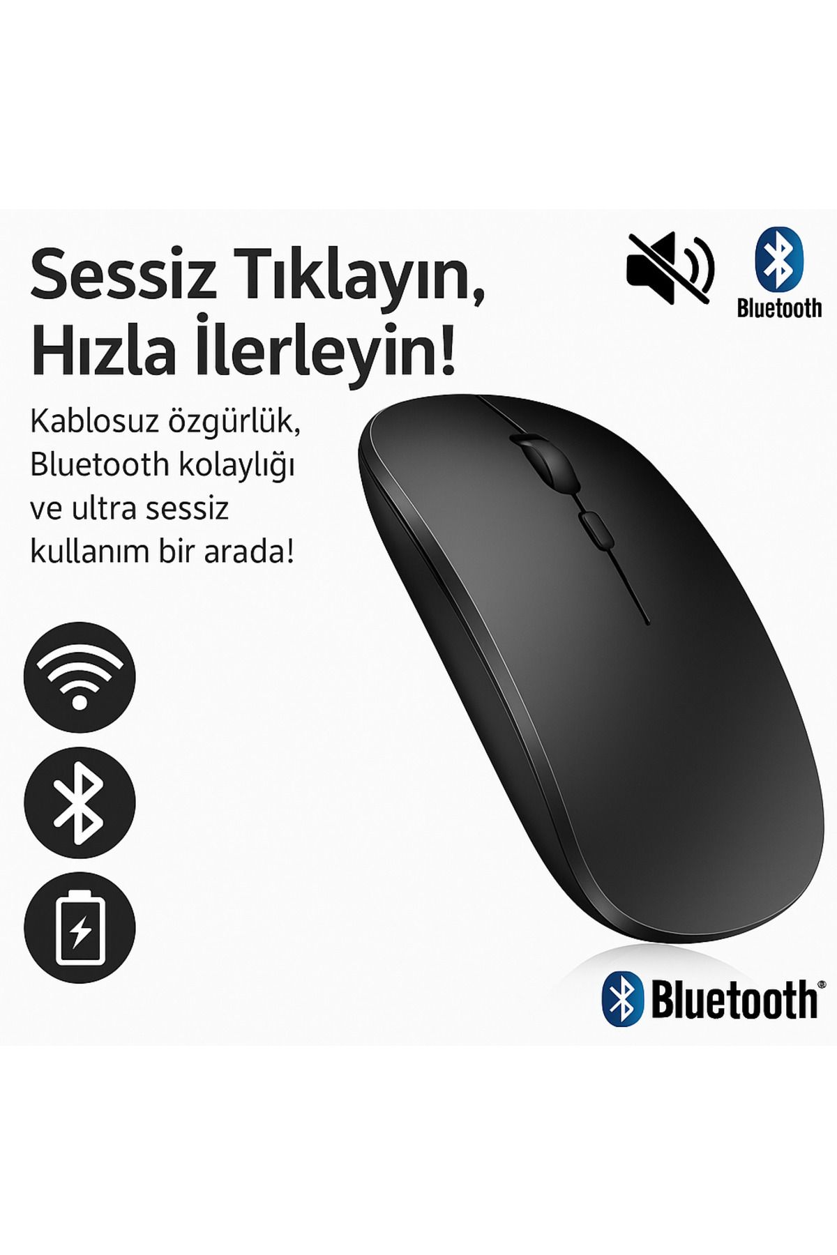 electroawm Sessiz Bluetooth Kablosuz Mouse – Şarjlı ve Konforlu Kullanım