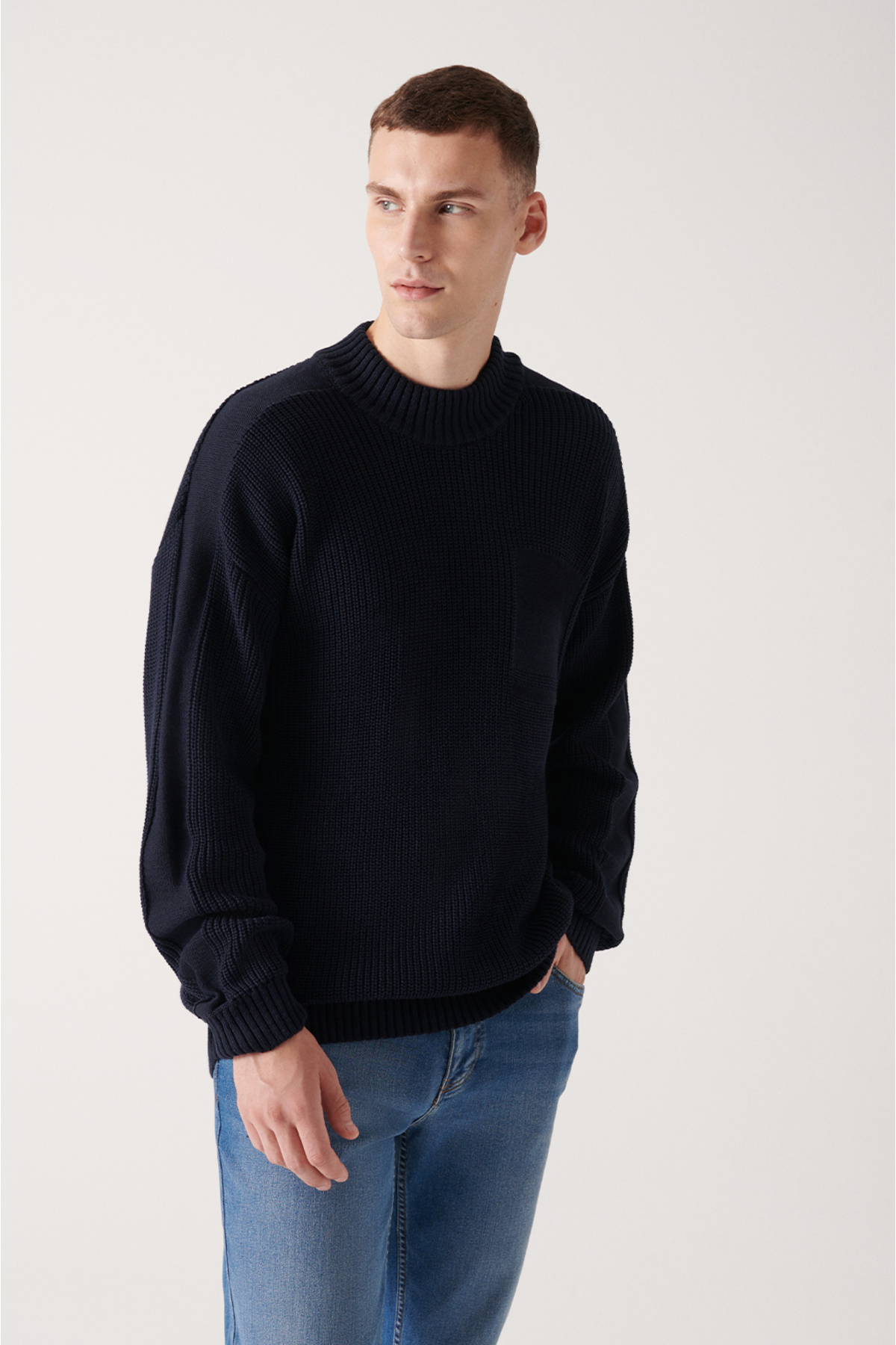 Avva-Ανδρικό πουλόβερ με λαιμόκοψη Navy Blue Crew, βαμβακερό, φαρδύ πλεκτό A22y5007 3