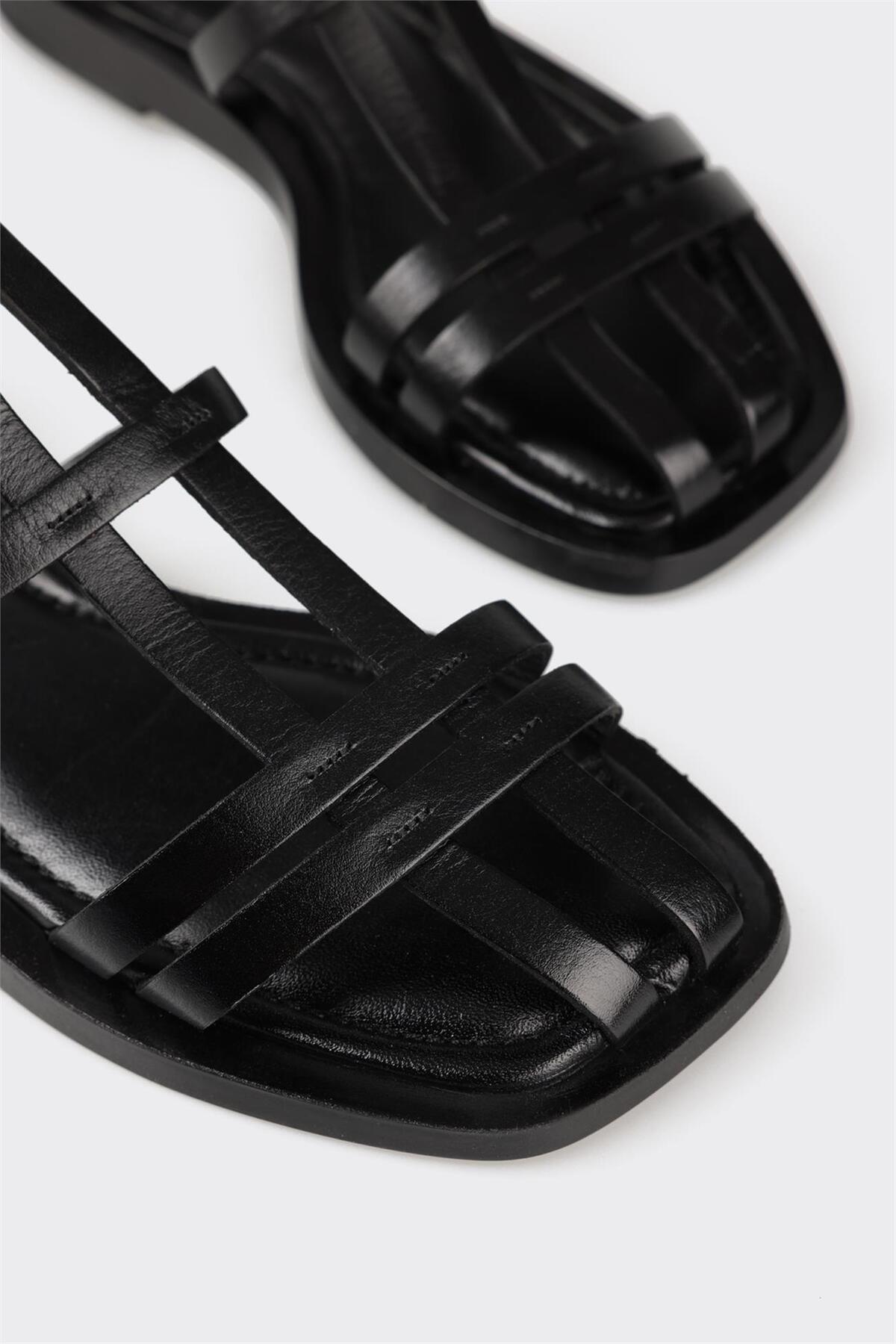 Elle  Siyah Deri Kadın Düz Sandalet - Görsel 5