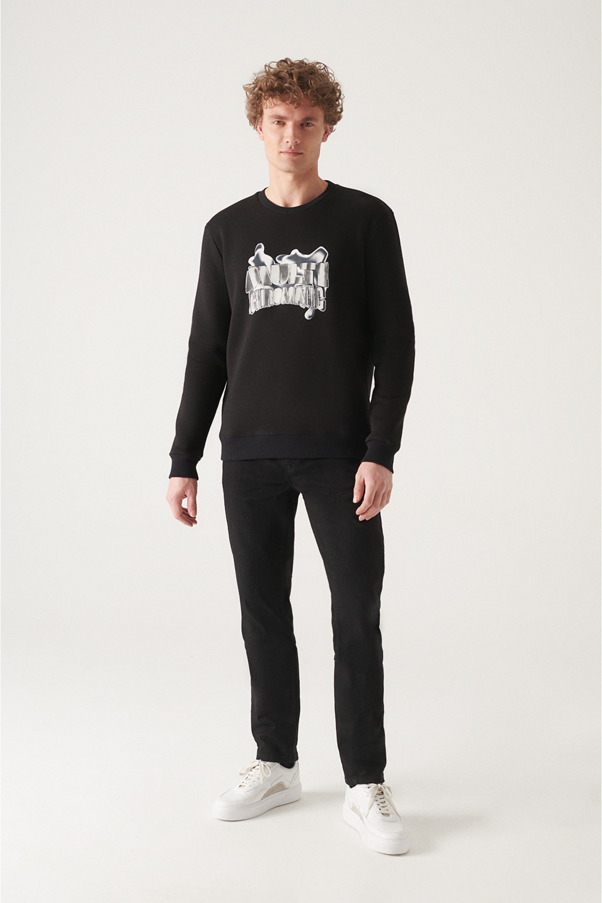 Avva-Schwarzes Herren-Sweatshirt mit Rundhalsausschnitt und 3-Faden-Aufdruck A22Y1243 5