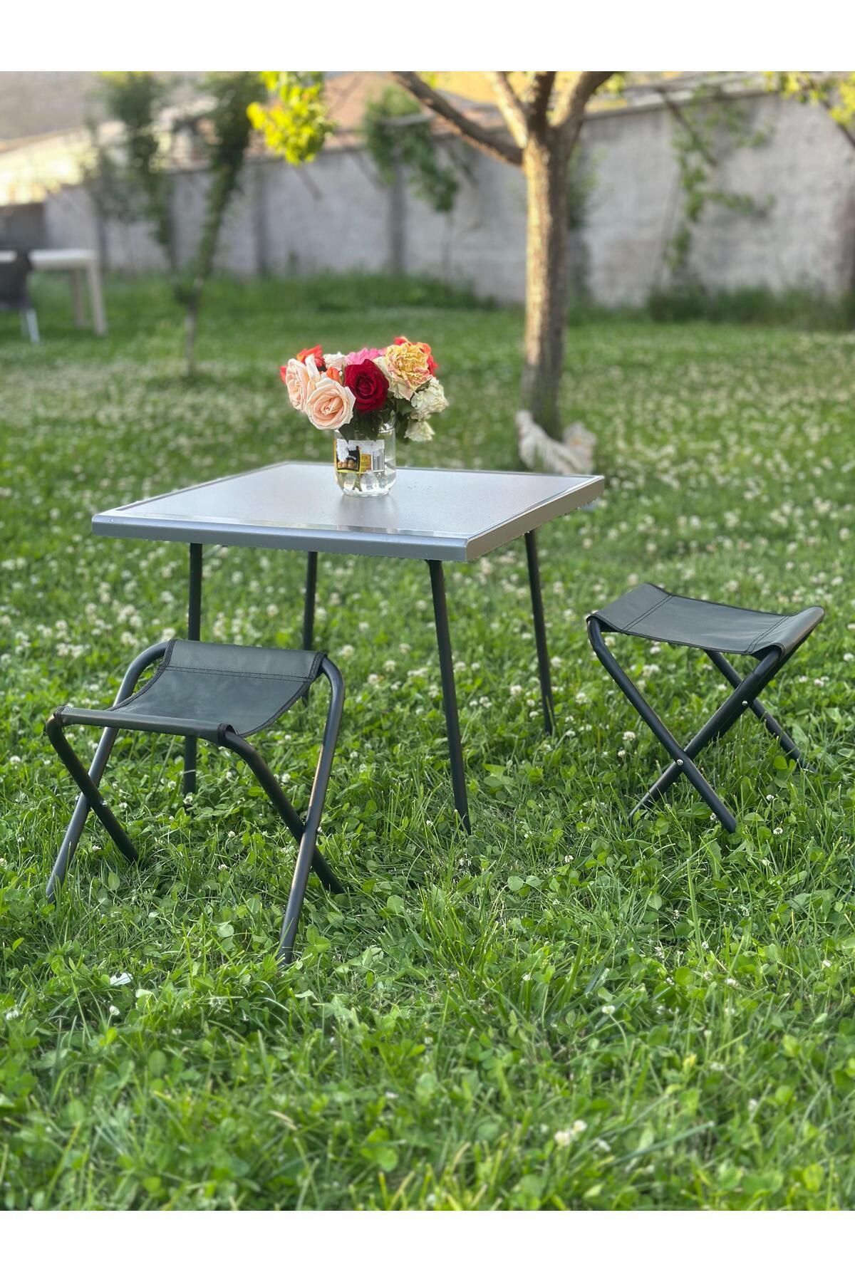GÖKBAŞLAR 60×60 Cm Gri Katlanır Masa & Sandalye – Balkon, Bahçe, Kamp & Piknik Masası & Tabure Seti 2li