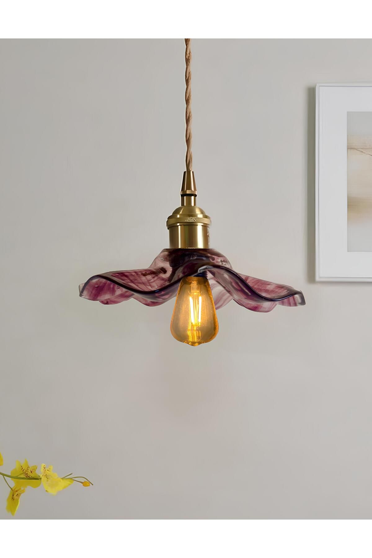 burenze Modern Tasarım Vintage Boheme Estetik El Yapımı Lila Mor Camlı Sarkıt Avize Eskitme Gold Kahve Örgü