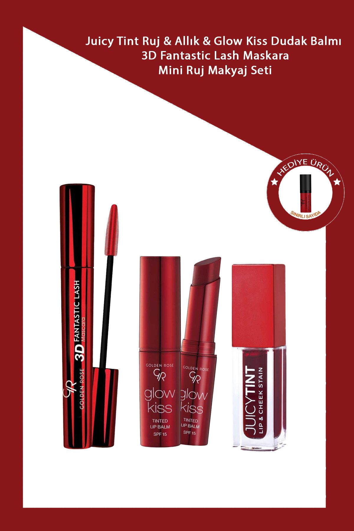 Golden Rose Juicy Tint Ruj & Allık & Glow Kiss Dudak Balmı + 3D Fantastic Lash Maskara + Mini Ruj Makyaj Seti
