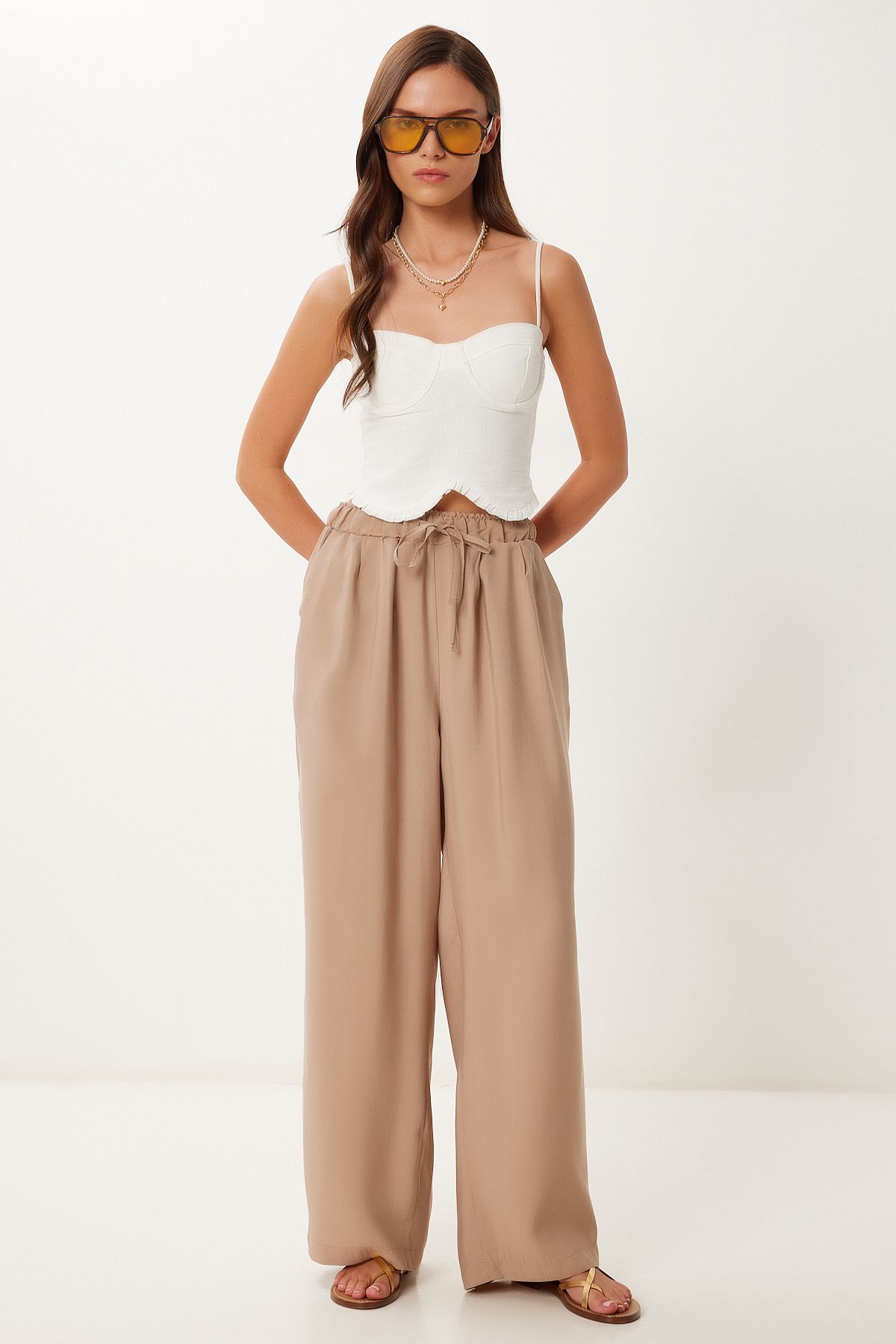 Lovelyİstanbul Geniş Paça Rahat Modal Pantolon BEJ LMX0090