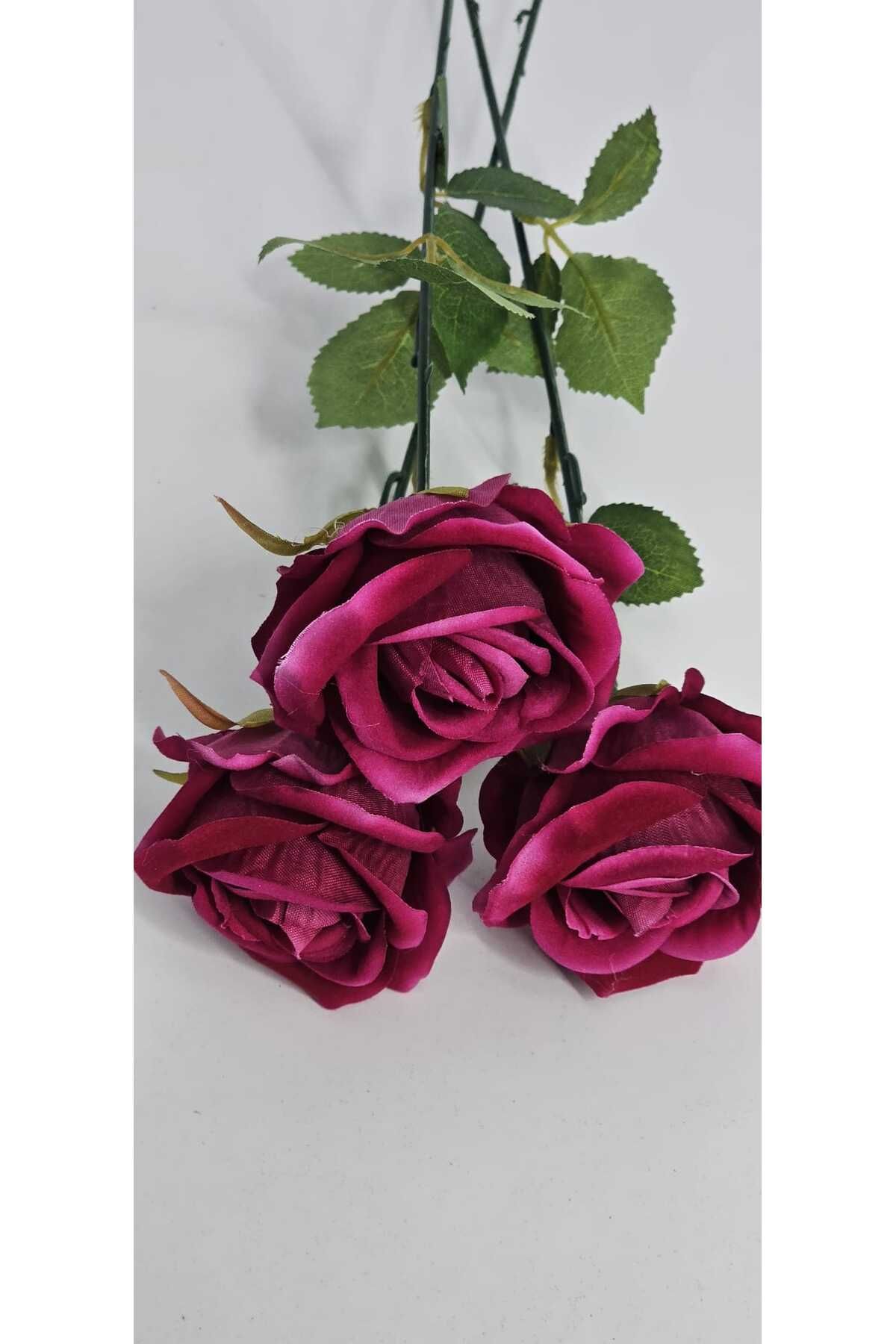 yapay çiçek evi Yapay Kadife Gül 3 Adet koyu pembe 50 cm VazoDekor Gelin Çiçeği ev Süsü