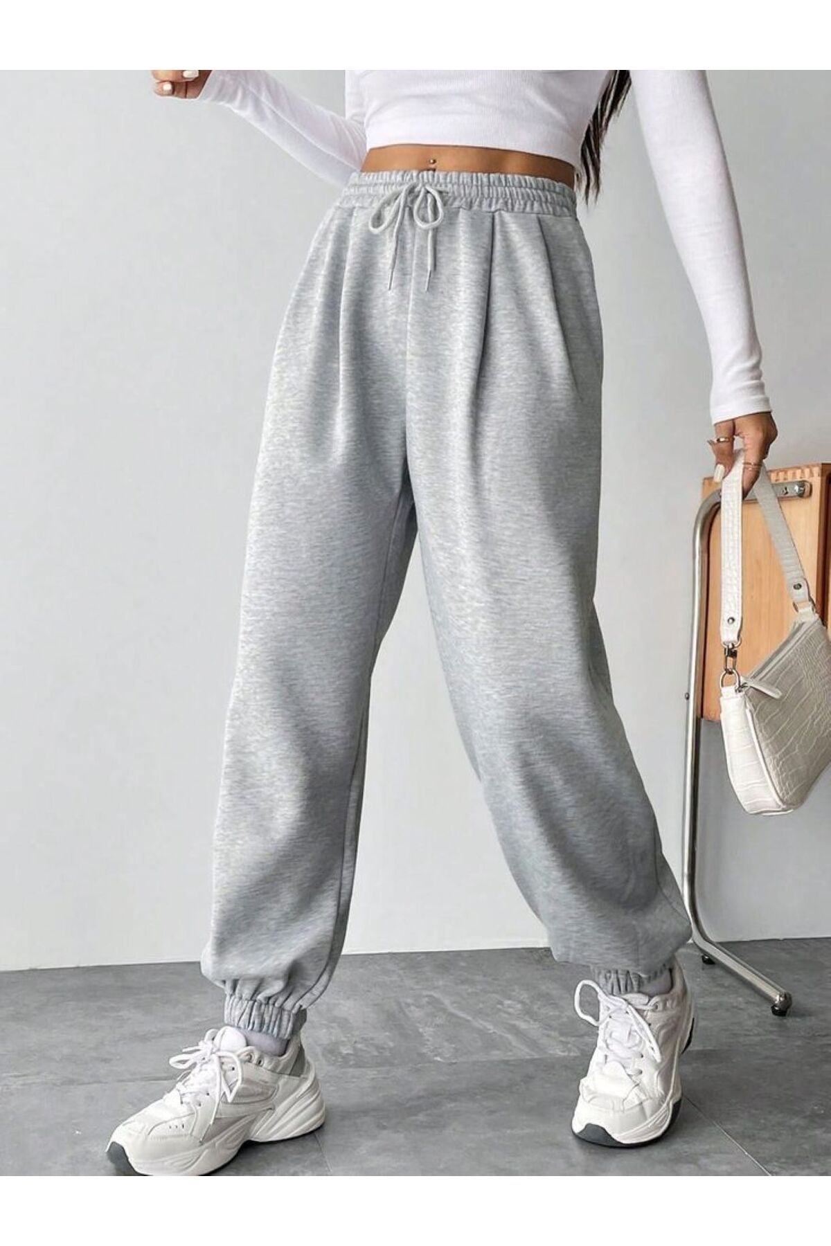 ervafashion Gri Jogger Eşofman Altı-Lastik Paça Yüksek Bel Günlük Mevsimlik Rahat Giyim Eşofman Unisex
