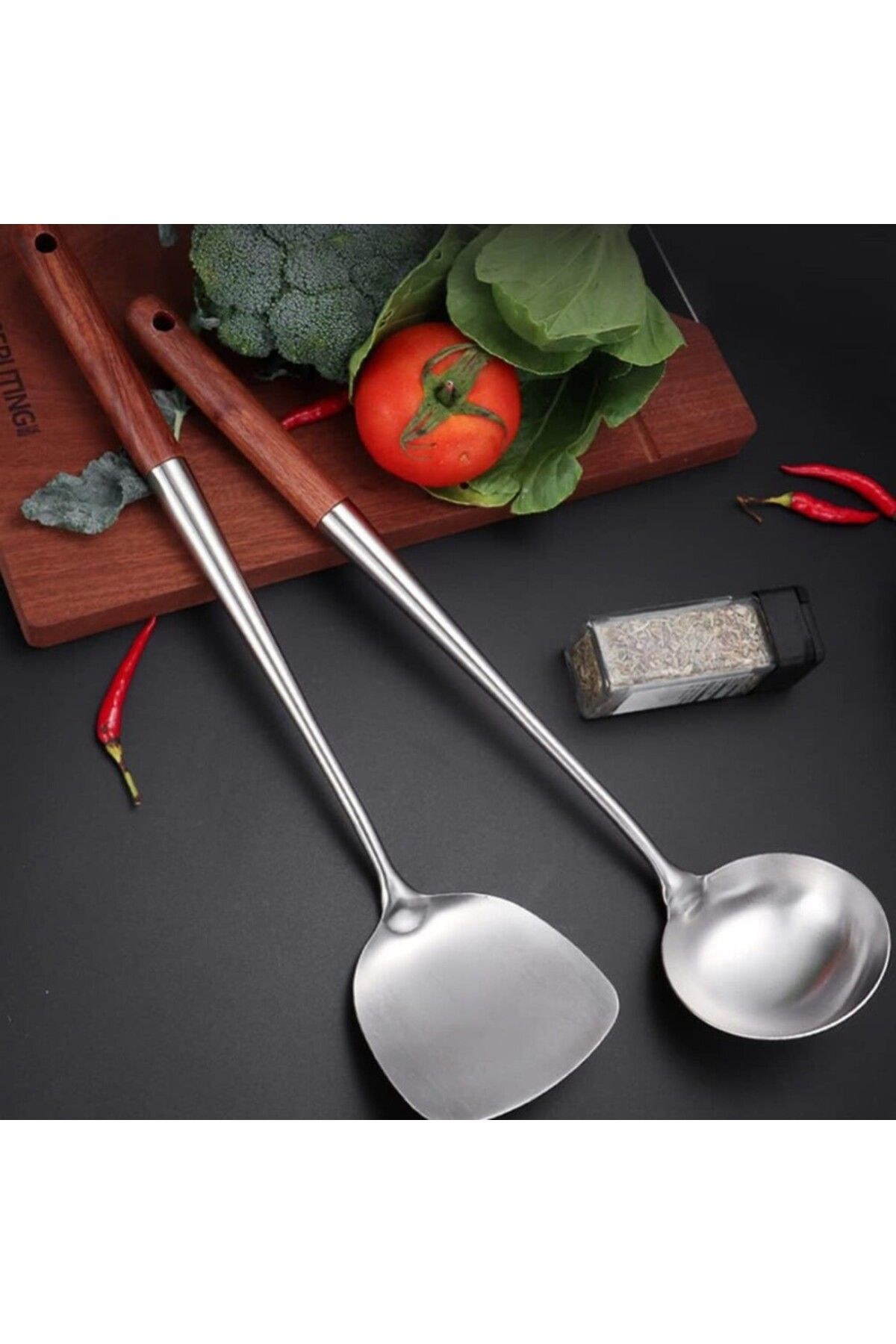 dinckitchen Ahşap Saplı Wok Spatulası ve Kepçesi Seti