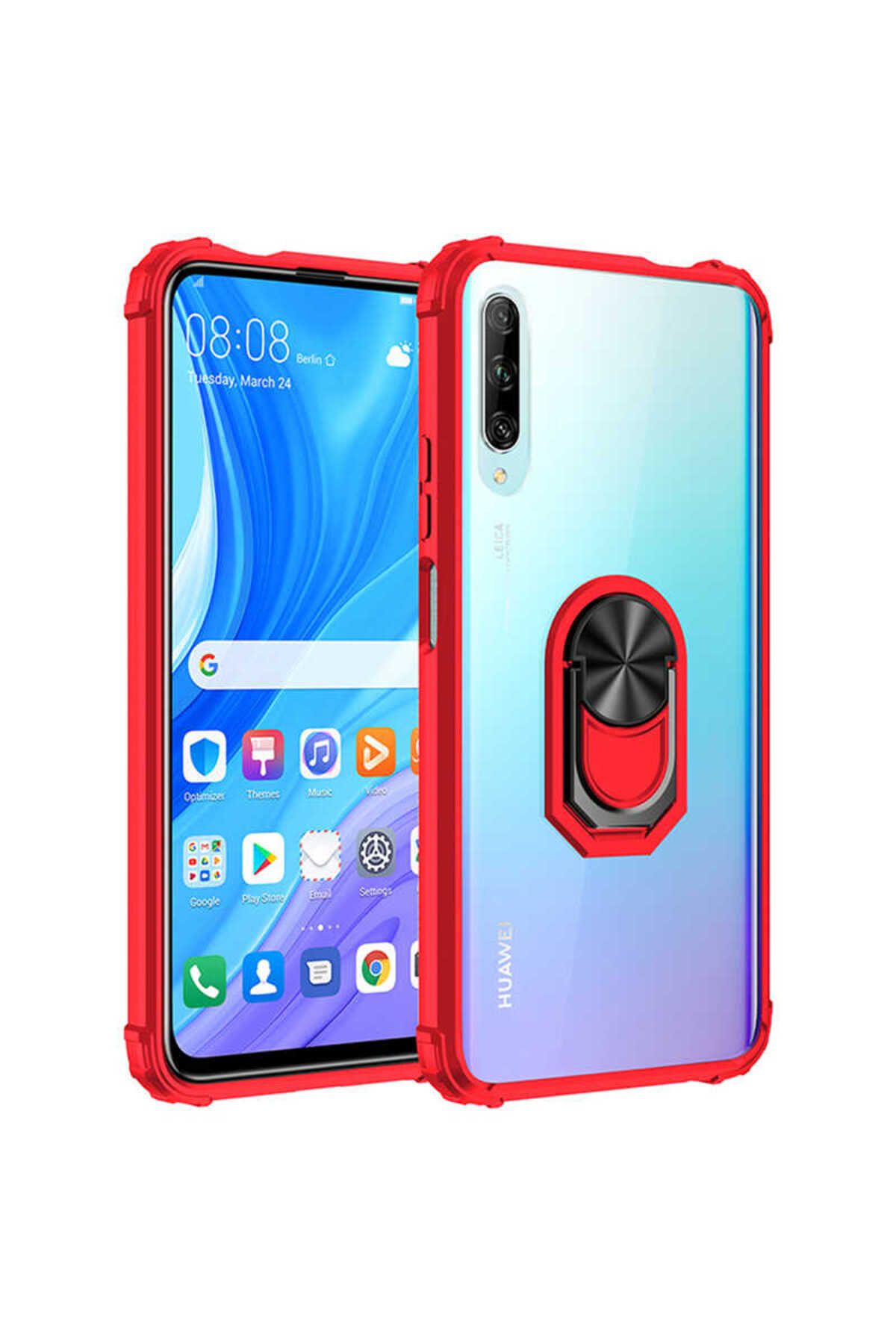 halkhouse Huawei P Smart Pro 2019 Kılıf Sert Silikon Dayanıklı Şeffaf Renkli Yüzüklü Mola Kapak