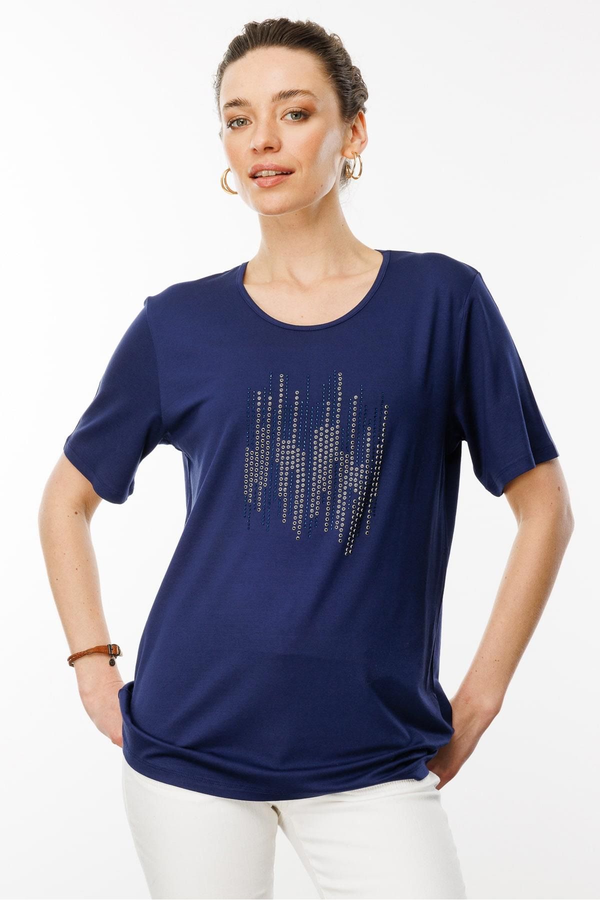 Desen Kadın Sıfır Yaka Taş Baskılı Penye T-Shirt