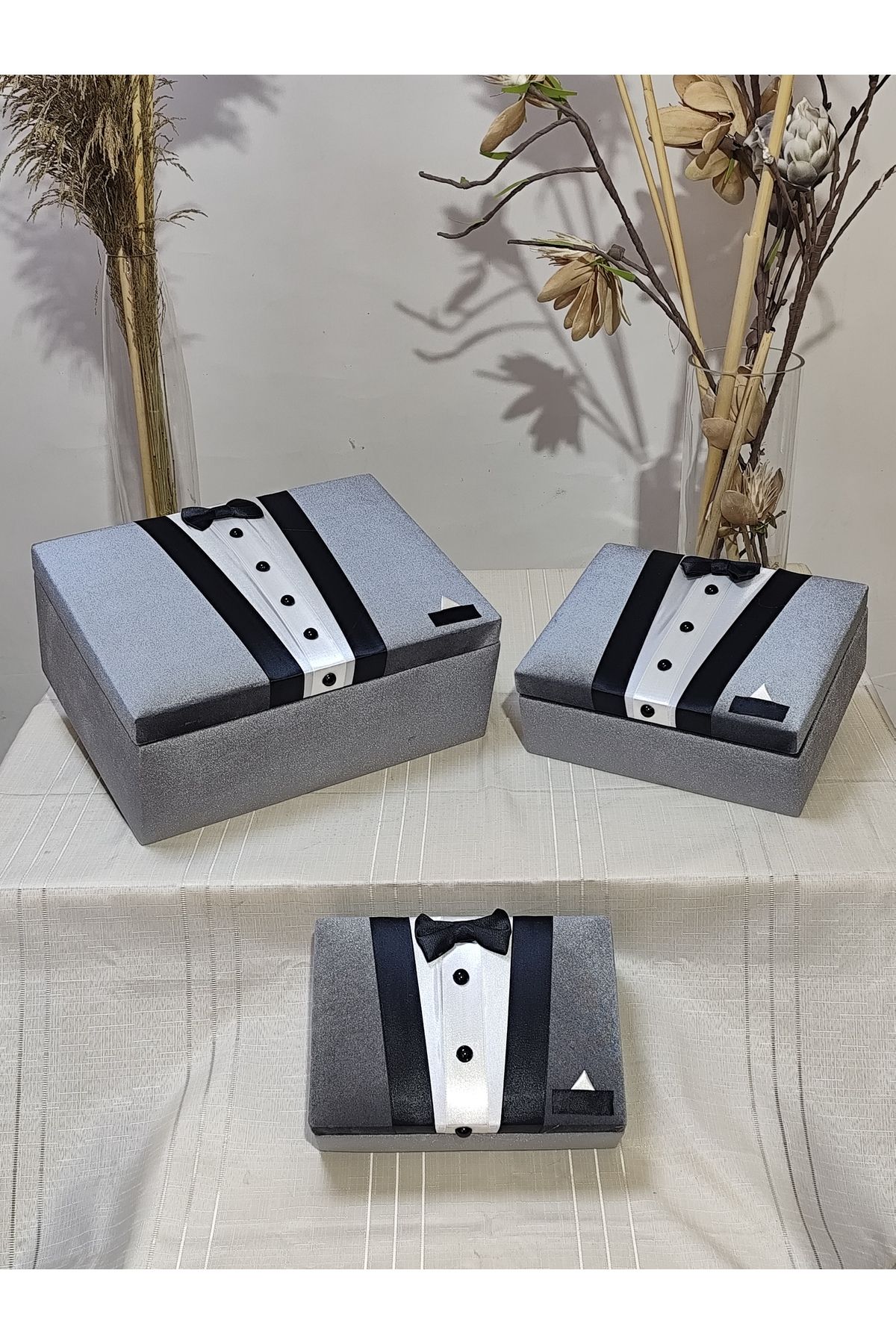 çeyiz sandık atölyesi Damat Çeyiz Bohça Kutusu 3lü Gri