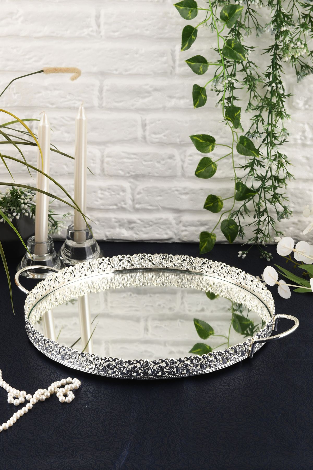HELVACIOĞLU AKSESUAR-Coffee, Tea, Chocolate Presentation Tray with Mirror Handle 35 cm Silver 3